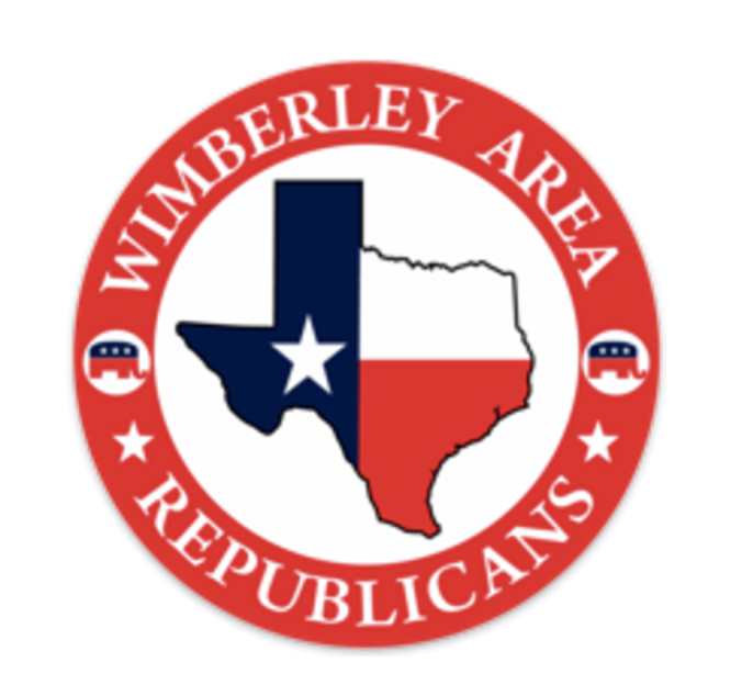 A circular logo with a red border and white background features a Texas map filled with Texas state flag colors and a white star. The text around the circle reads "Winberley Area Republicans" with Republican Party elephant symbols on each side.