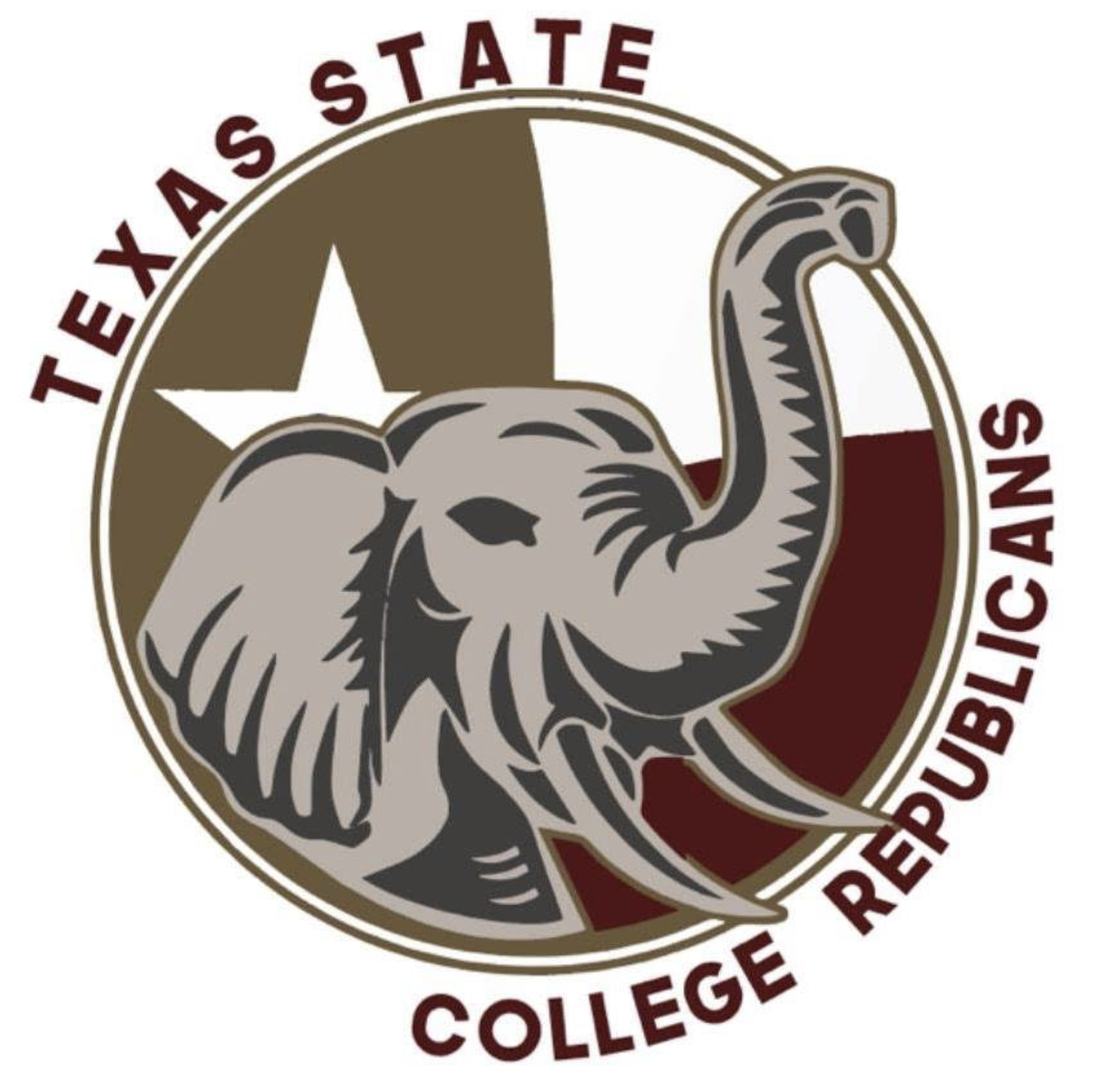 Logo of Texas State College Republicans featuring an elephant with a star in the background, in brown, white, and maroon colors.