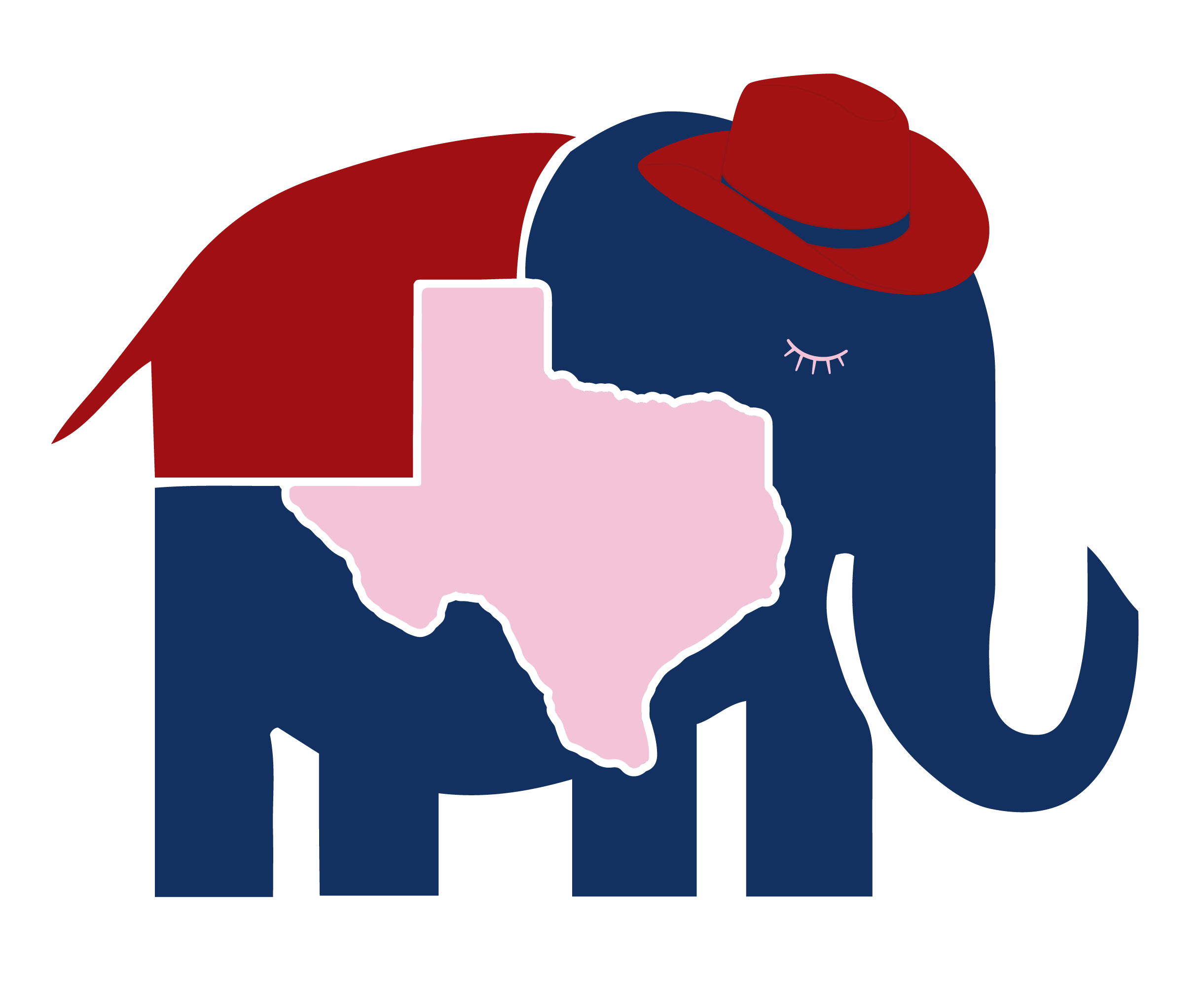 A stylized blue elephant with a Texas map on its side, wearing a red cowboy hat, and having closed eyes with long eyelashes.