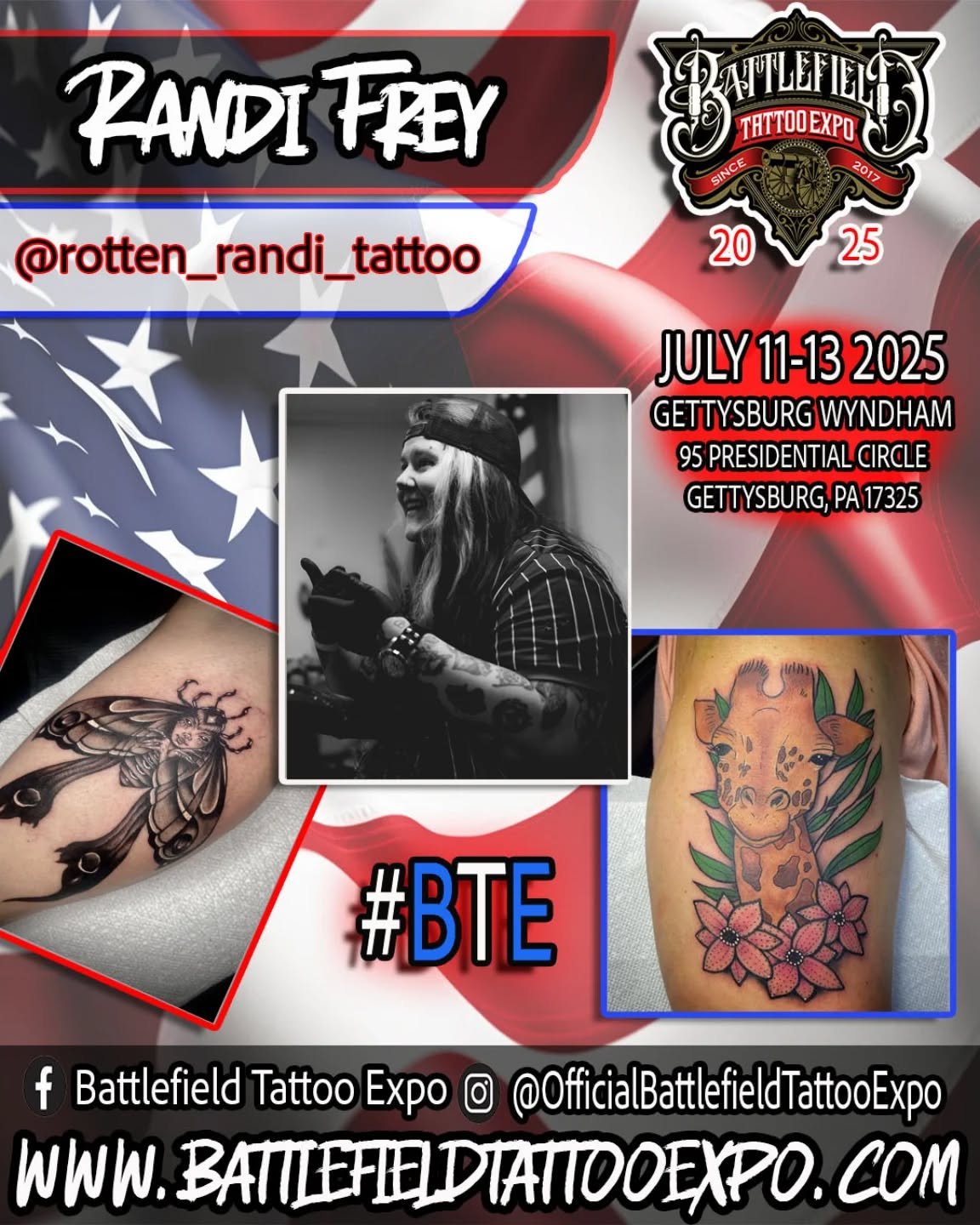 Tattoo Artist RANDI FREY will be attending the Battlefield Tattoo Expo 2025.

Battlefield Tattoo Expo details:
July 11-13, 2025
Wyndham hotel
95 Presidential Circle
Gettysburg PA. 17325

Battlefield Tattoo Expo is a family friendly event.  It's a gre