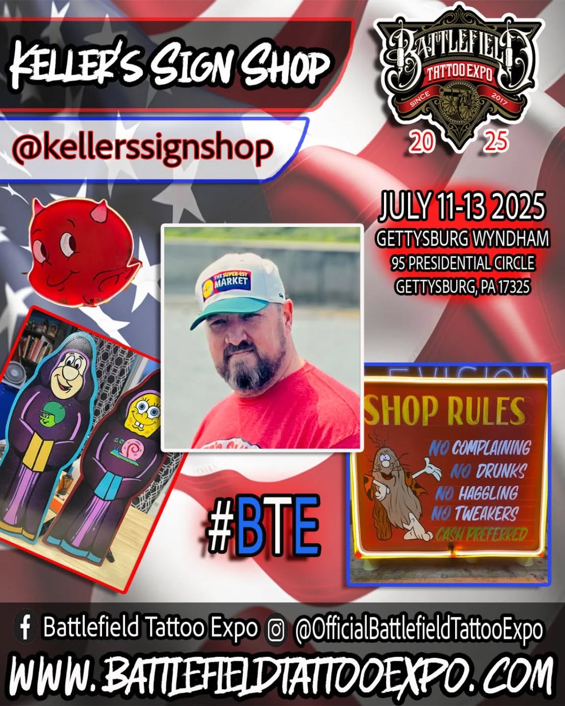 Chris Keller from KELLER'S SIGN SHOP will be attending the Battlefield Tattoo Expo 2025...
Each sign is a hand drawn, hand painted, one of a kind, work of art! Stop by his booth and check out this talented artist. 

Battlefield Tattoo Expo details:
J