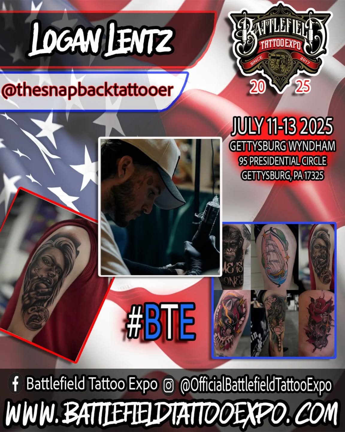 Tattoo Artist LOGAN LENTZ. will be attending the Battlefield Tattoo Expo 2025.

Battlefield Tattoo Expo details:
July 11-13, 2025
Wyndham hotel
95 Presidential Circle
Gettysburg PA. 17325

Battlefield Tattoo Expo is a family friendly event.  It's a g