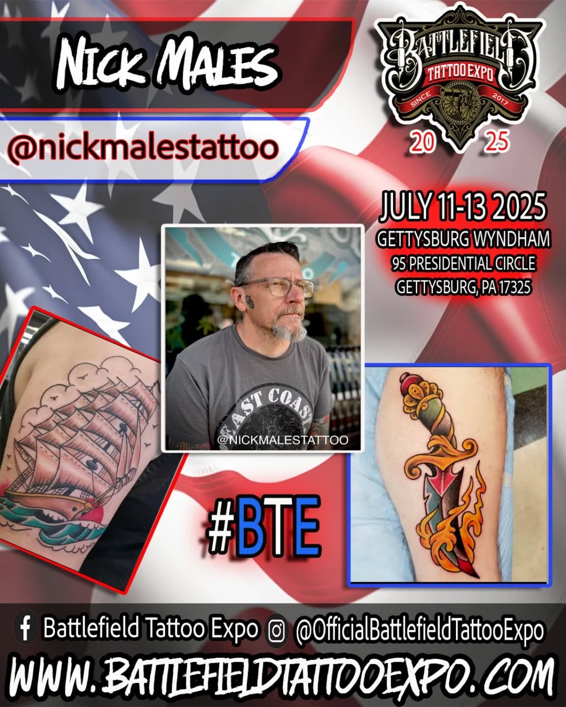 Tattoo Artist NICK MALES will be attending the Battlefield Tattoo Expo 2025.

Battlefield Tattoo Expo details:
July 11-13, 2025
Wyndham hotel
95 Presidential Circle
Gettysburg PA. 17325

Battlefield Tattoo Expo is a family friendly event.  It's a gre