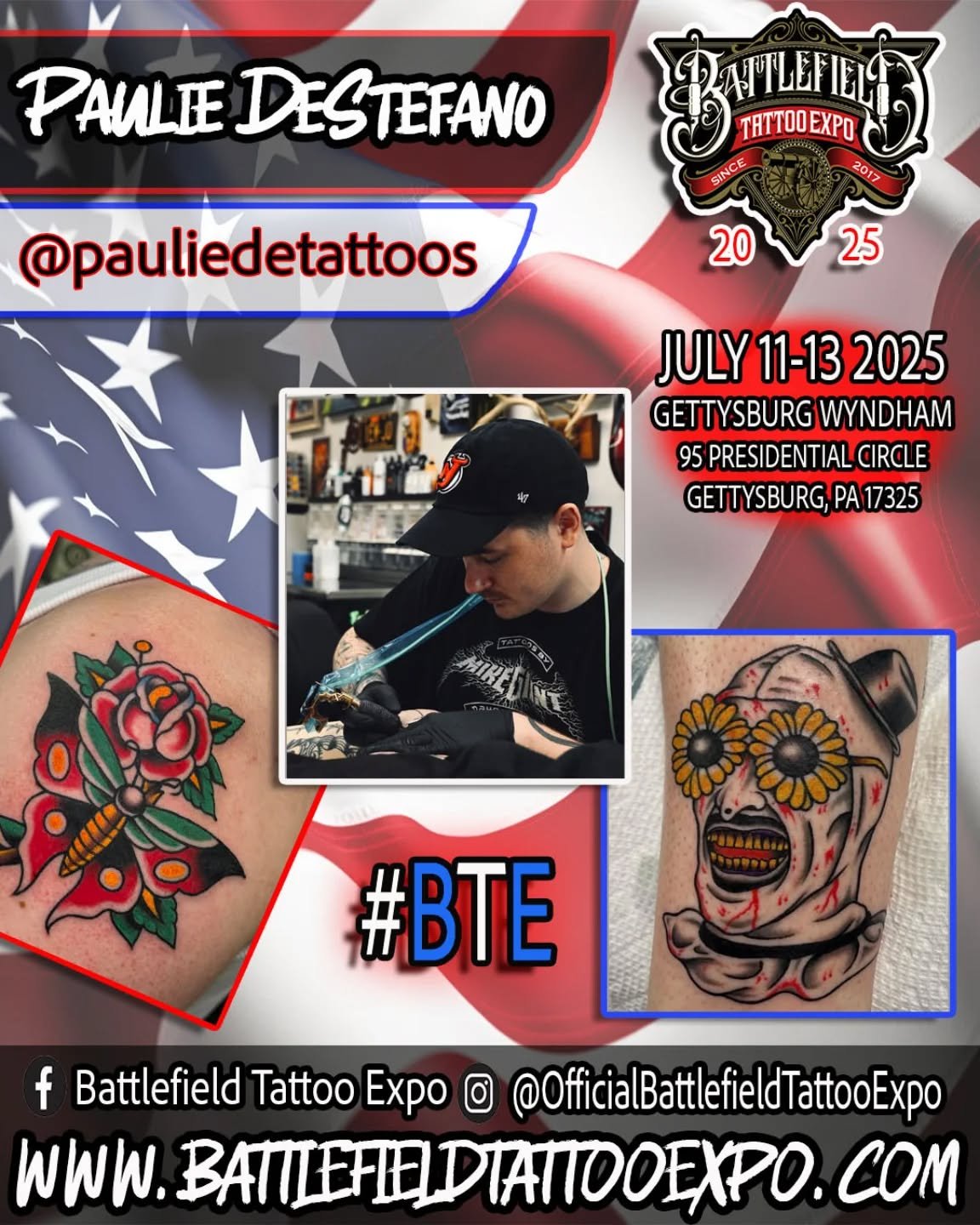 Tattoo Artist PAULIE DESTEFANO will be attending the Battlefield Tattoo Expo 2025.

Battlefield Tattoo Expo details:
July 11-13, 2025
Wyndham hotel
95 Presidential Circle
Gettysburg PA. 17325

Battlefield Tattoo Expo is a family friendly event.  It's