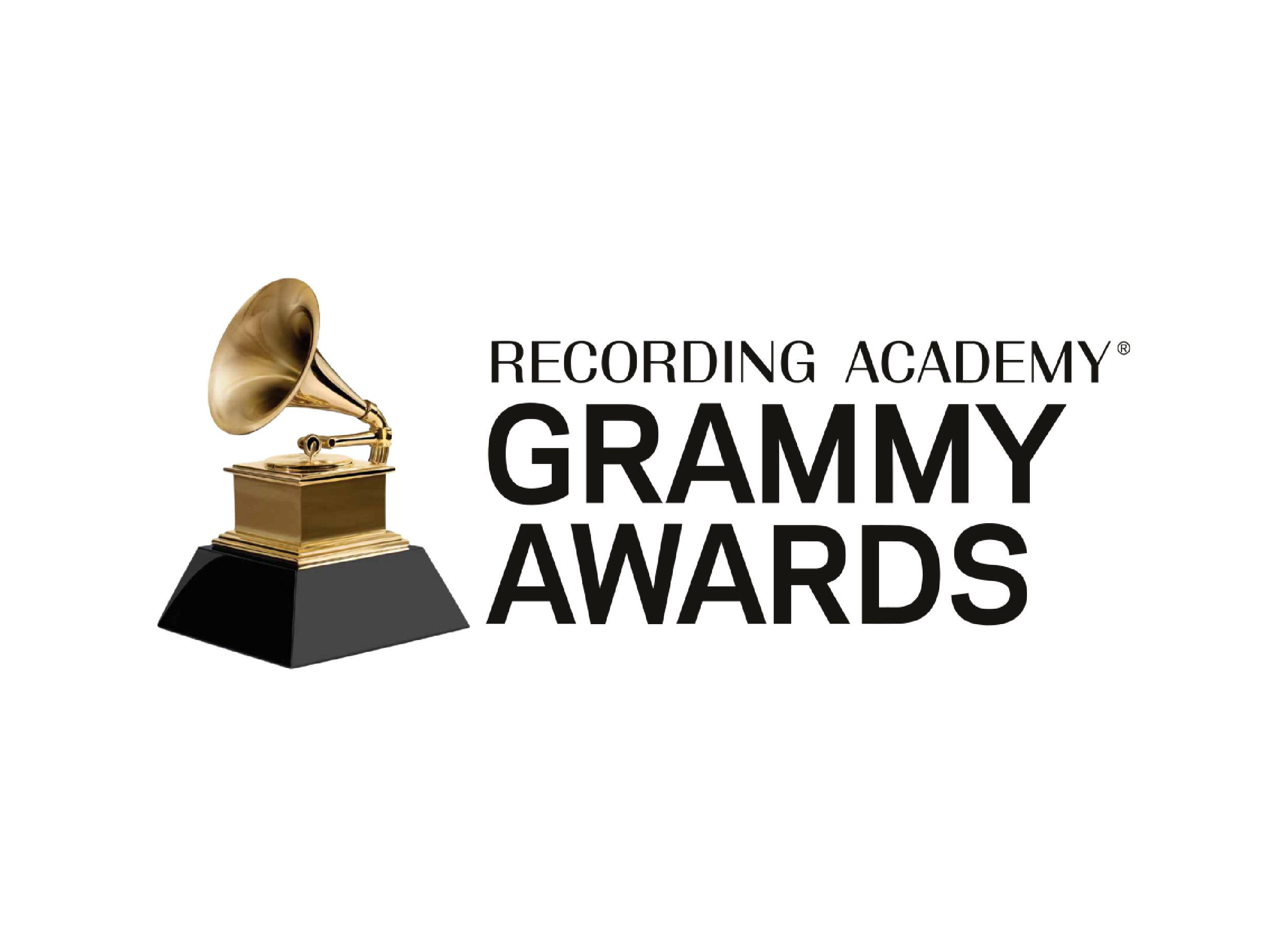Gold gramophone trophy with black base next to text that reads 'Recording Academy Grammy Awards'.