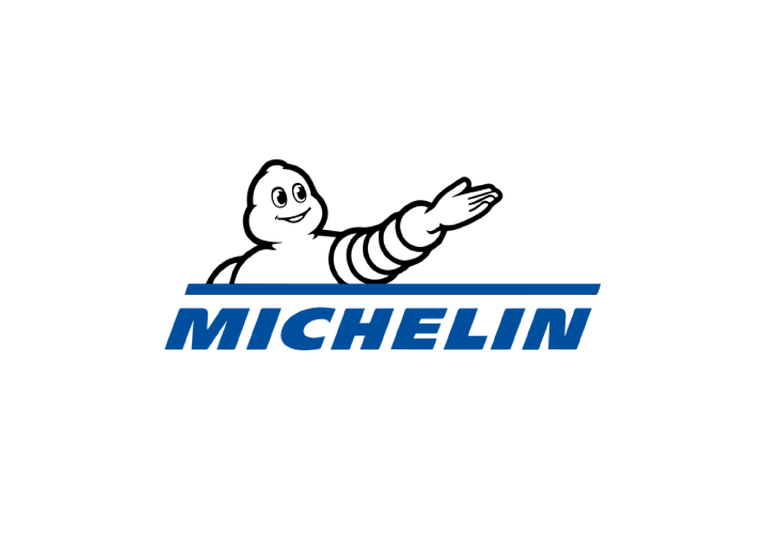 A black and white illustration of the Michelin mascot, Bibendum, extending his arm over a blue and white Michelin logo.
