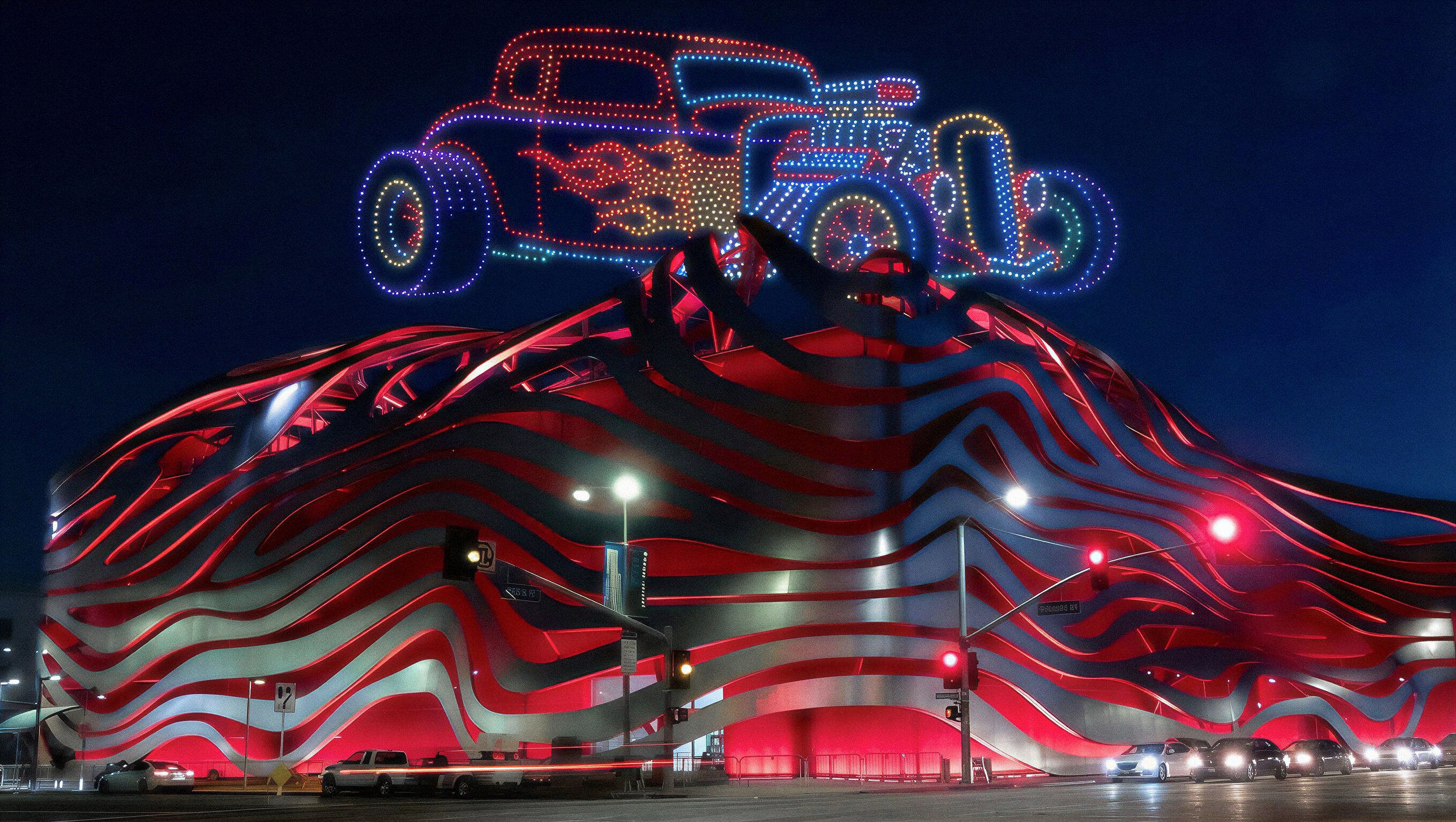 Petersen automotive museum drone light show hot rod
