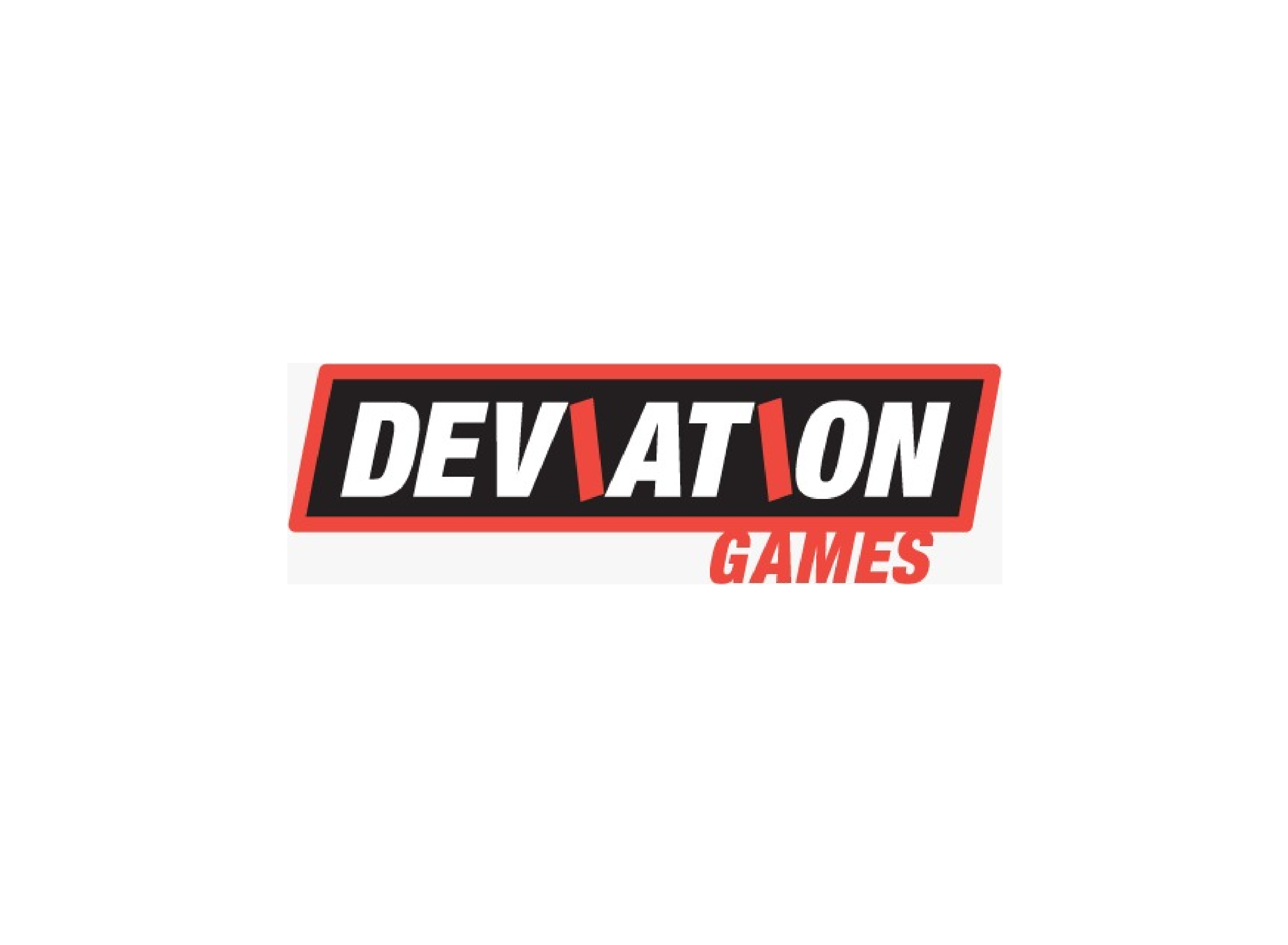 Logo for Deviaton Games with bold black, white, and red text.