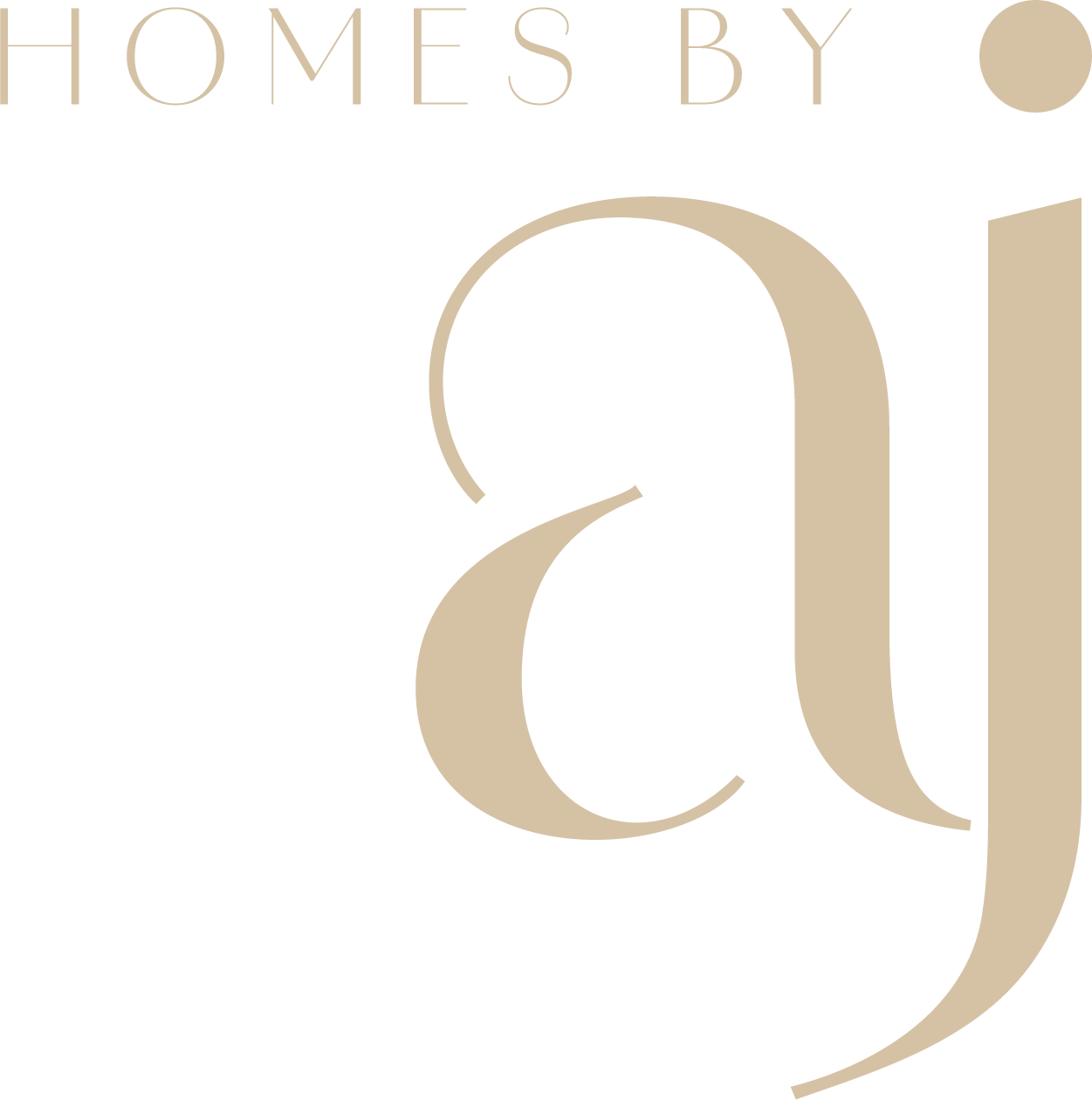Logo with text 'Homes by aj' in beige color on a white background.