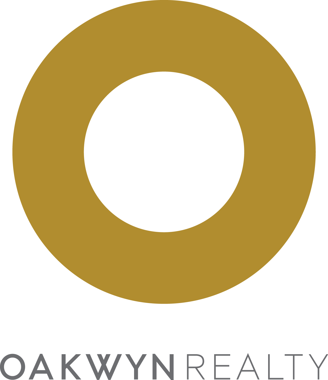 Oakwyn Realty logo featuring a large gold circle and text below. The text reads "Oakwyn Realty" with "Oakwyn" in bold gray font.