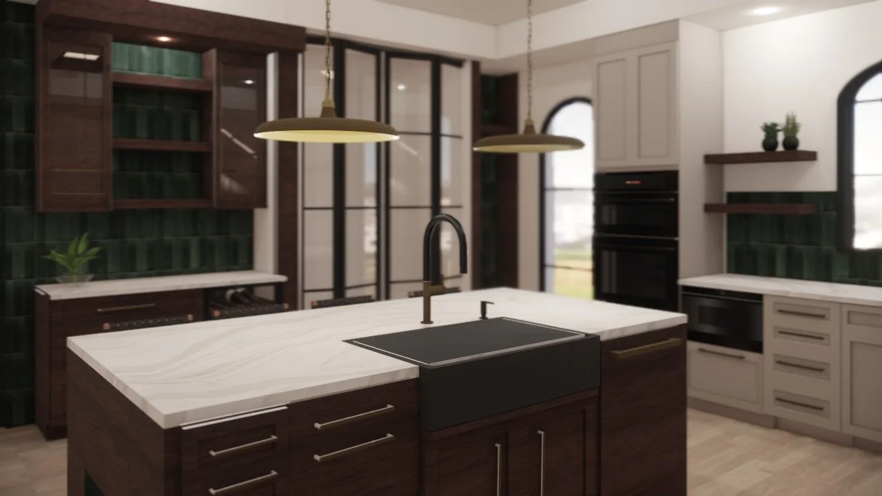 Modern kitchen with white island, black sink, dark wood cabinets, green accent tiles, and large windows.