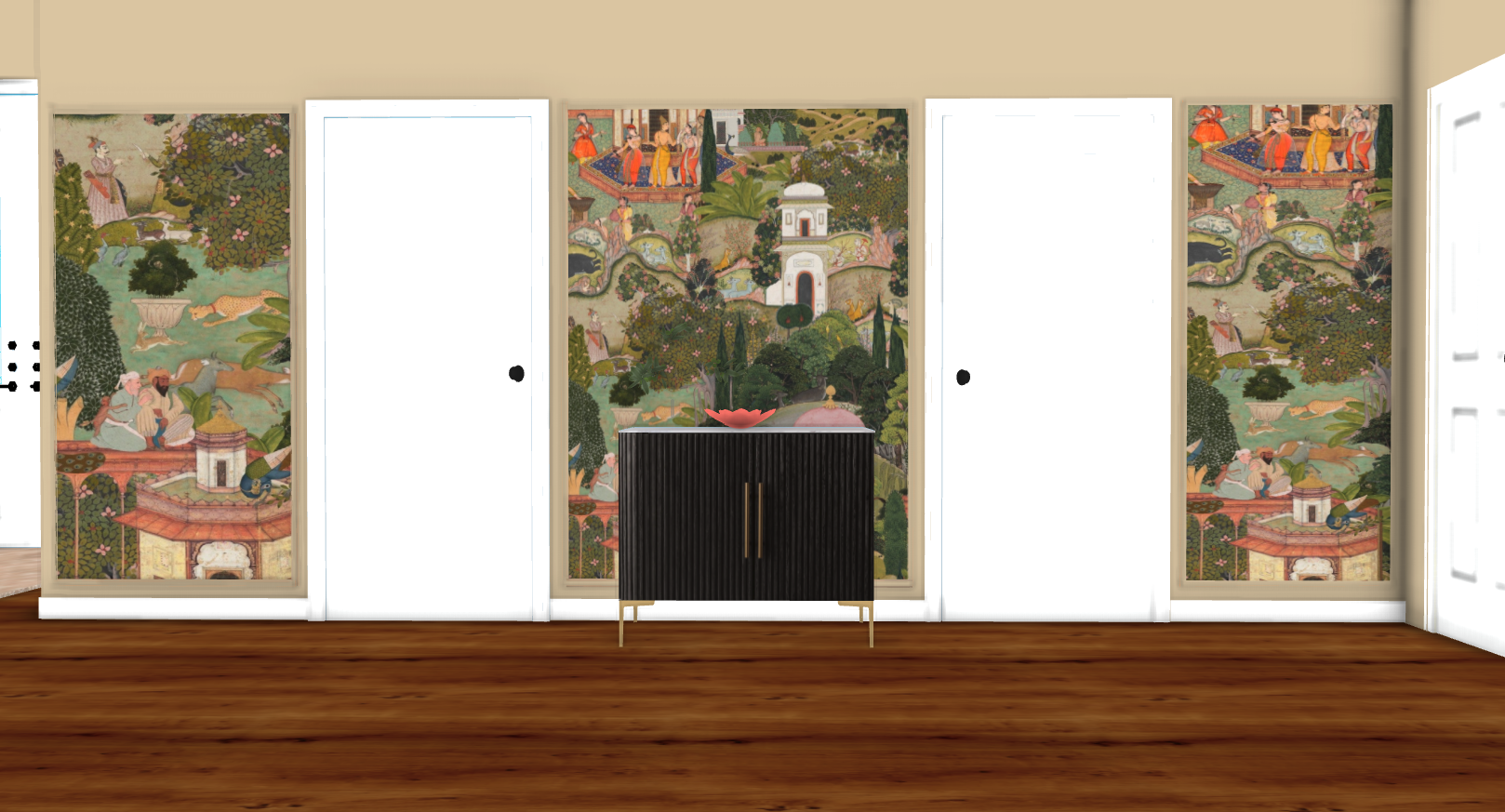Interior view of a room with wooden flooring, a black cabinet with gold handles in the center, a red bowl on top, and vibrant landscape murals of a detailed garden scene on the wall behind.