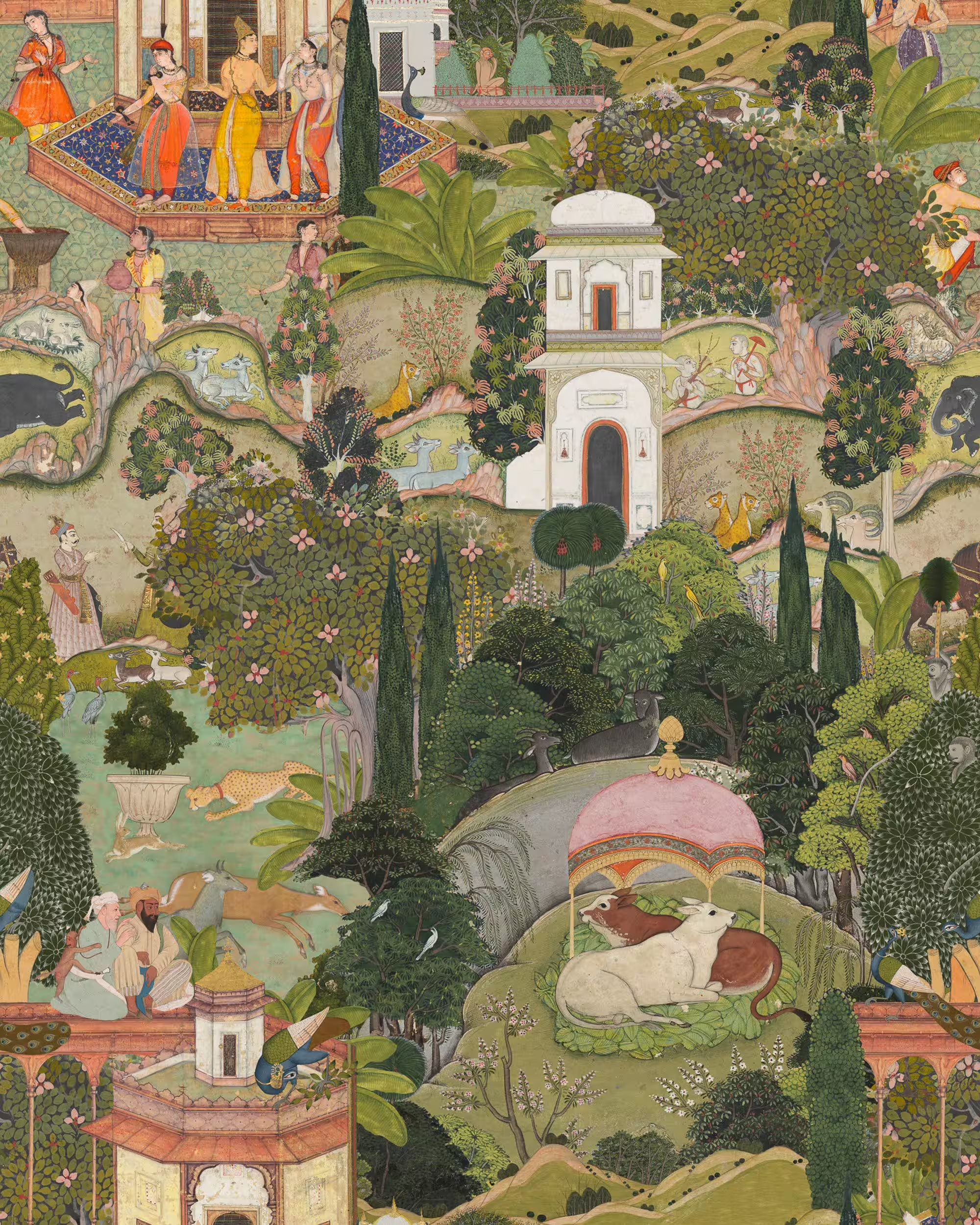A detailed traditional Indian miniature painting depicting a lush landscape with trees, animals including elephants, deer, and birds, as well as human figures engaged in various activities near temples and pavilions. Gardens of Jaipur wallpaper 