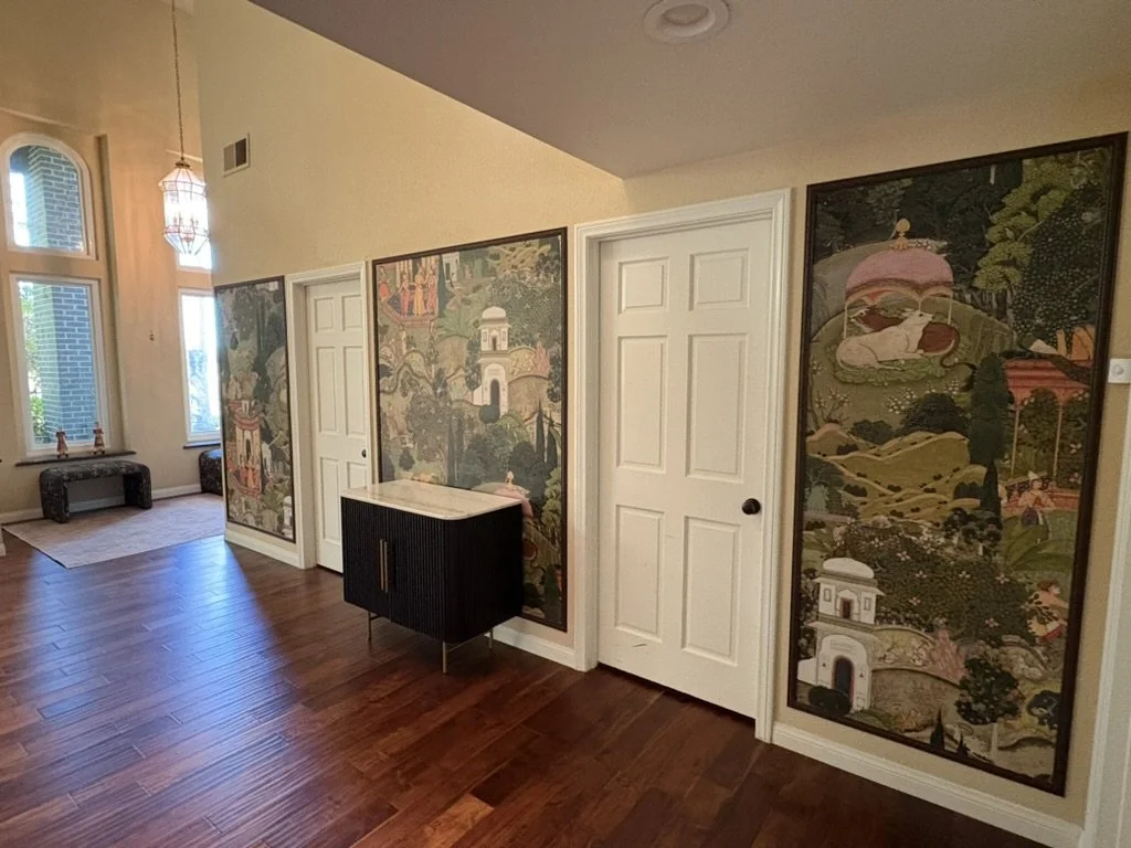 South Asian Formal Entry refresh with Ruggable Kavi Rug, Arhaus benches and Finley cabinet. Design by Haveli Designs in Colorado. Features Mind The Gap wallpaper as murals and embossed trim