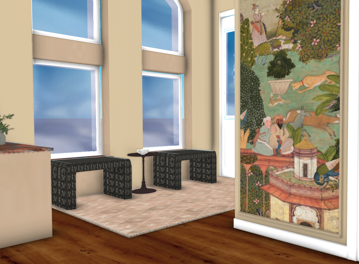 VISION RENDERING of South Asian Formal Entry refresh with Ruggable Kavi Rug, Arhaus benches and Finley cabinet. Design by Haveli Designs in Colorado. Features Mind The Gap wallpaper as murals and embossed trim. 