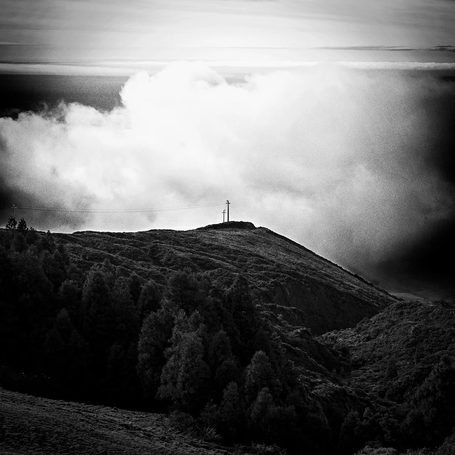 Black and white landscape photography fog in Azores