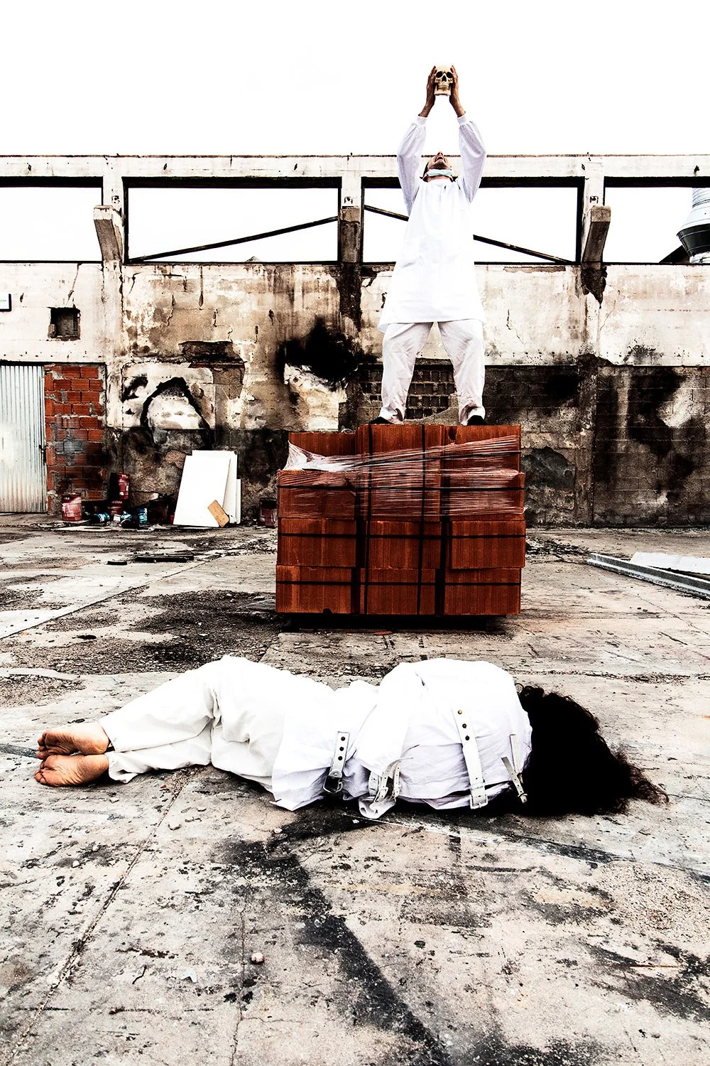 Narrative and funny press photography with a wheelchair in a burned factory for nu-metal portuguese band Lendfall