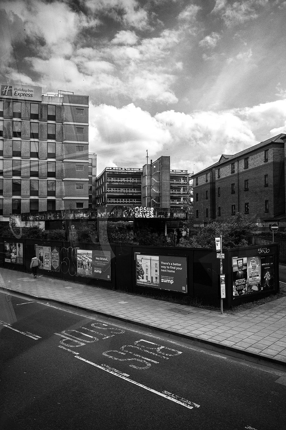 Black and white travel photography of street in Bristol in a cloudy day