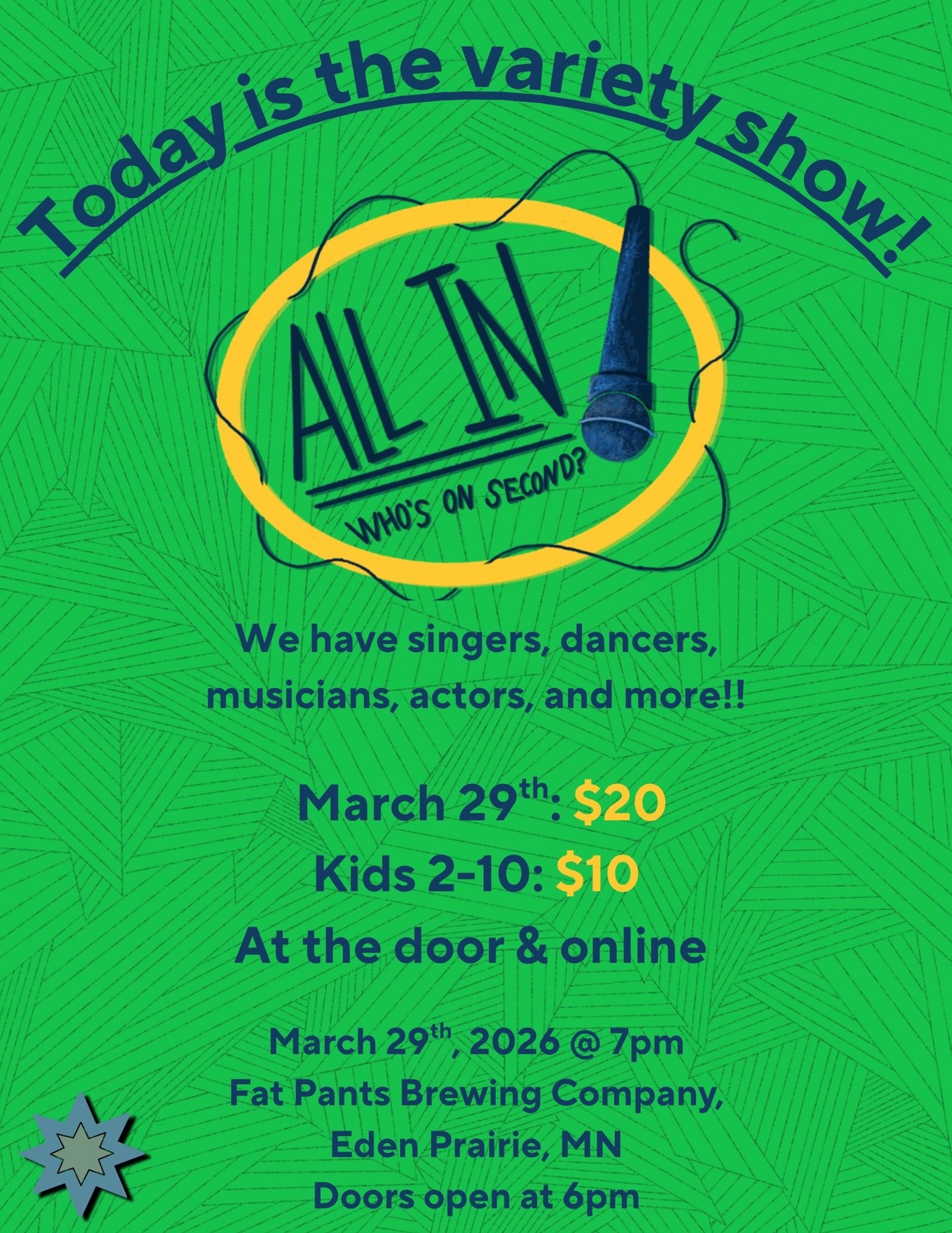 TODAY IS THE DAY!! Variety show ticket are $20 at the door &amp; online! We still have seats available!!! Ticket link is in our bio &amp; can be bought at hcpamn.org 

Variety show, TODAY, March 29th 7pm @fatpantsbrewing