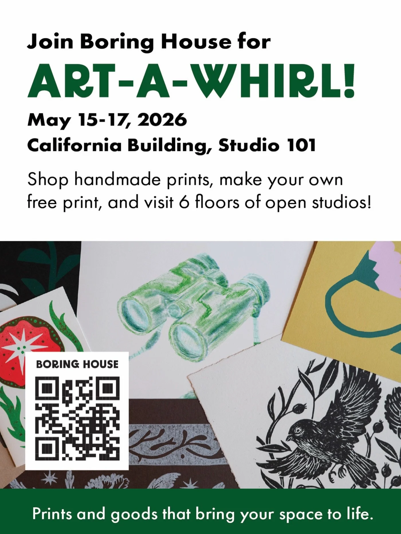 Check out Boring House at the California Building during art-a-whirl May 15th - 17th, 2026 which is NEXT WEEKEND! They have some neat handmade prints! @boringhouse.goods 

California Building, 
2205 California St NE, 
Minneapolis, MN 55418