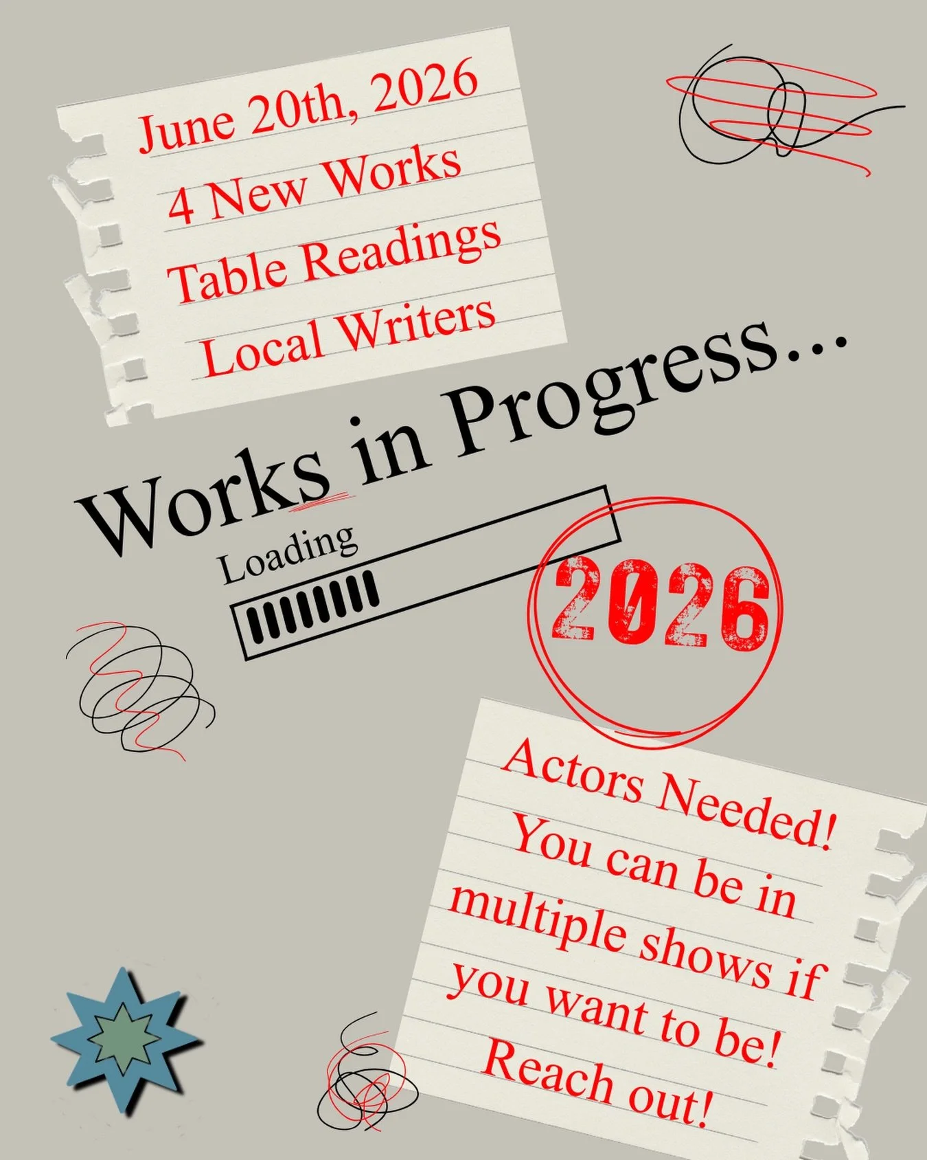We are holding a full day of table readings for 4 shows in development on June 20th, 2026, at the California Building! We are looking for actors to read these scripts. You can audition for 1 or more scripts. All of the information is in this Google f