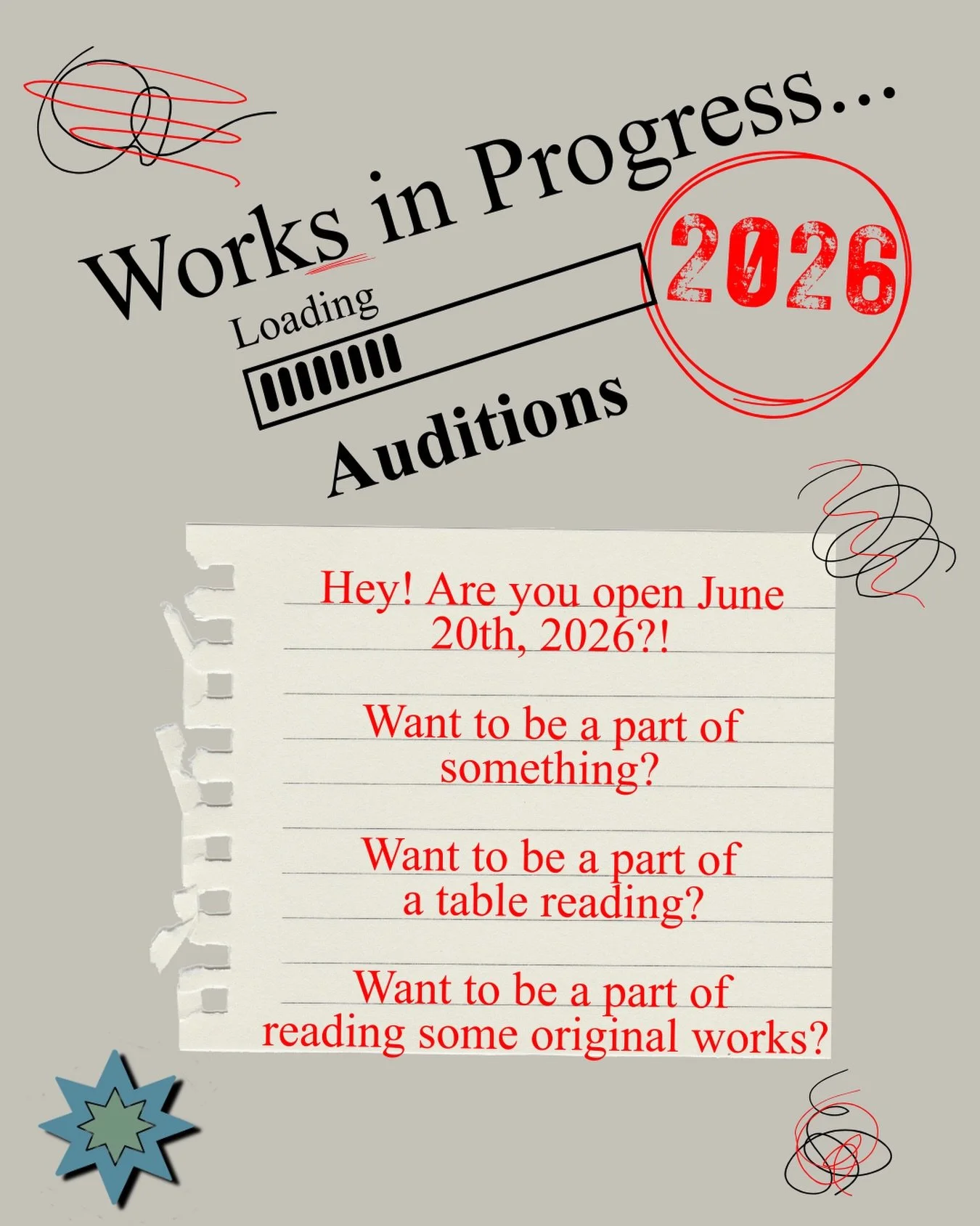 Hey! Are you open on June 20th, 2026?? Want to be a part of our table readings? We are stilling looking for a few more actors to help us out! Check out the form below for show and character summaries! 

https://forms.gle/xpjkt2BcgNCTLGSW6