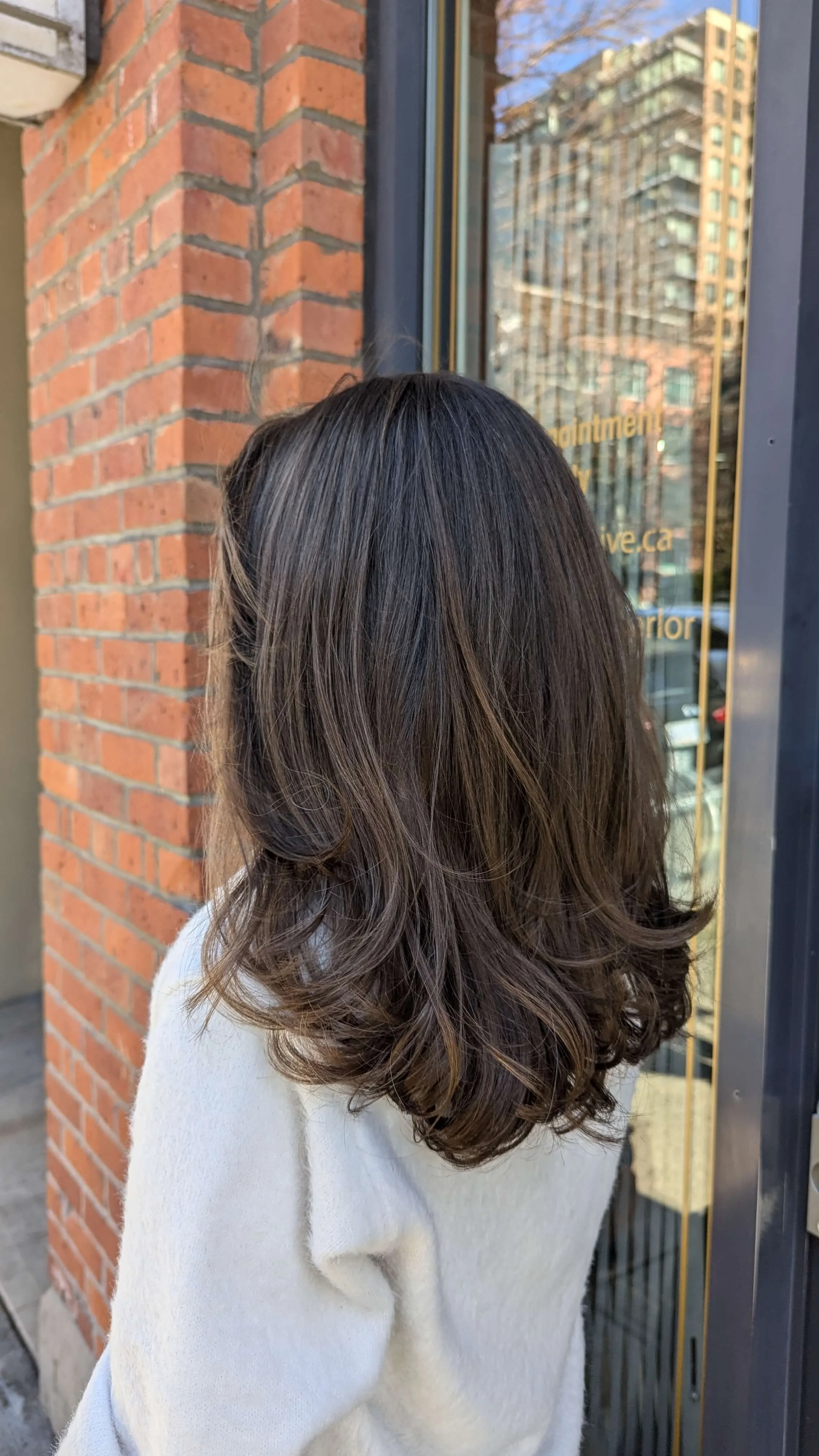 Rich dimensional brunette color and blowout by color specialists at Valos Hair Salon Vancouver
