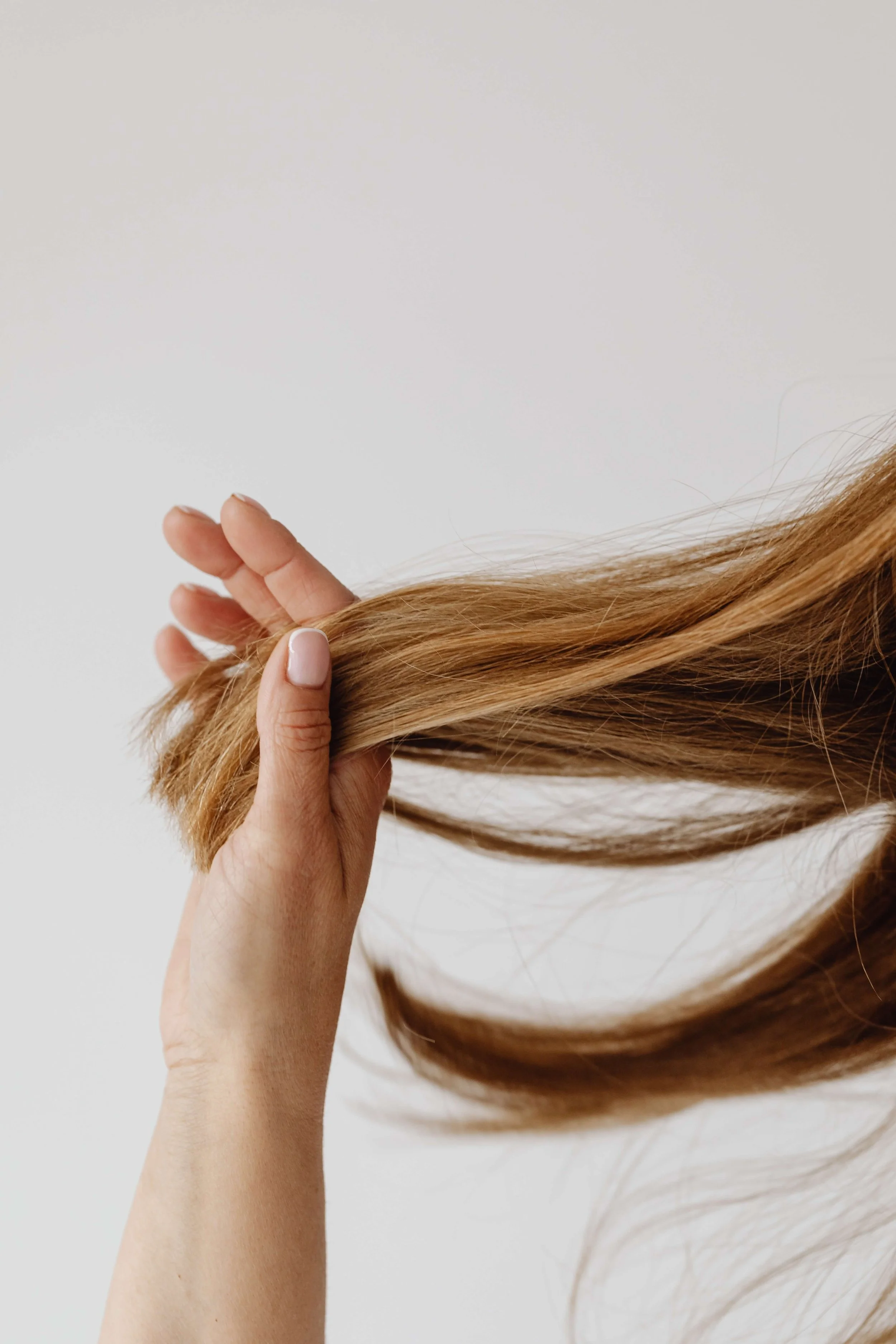 Close-up of hand gently holding long, healthy hair at Valos Hair Salon Vancouver