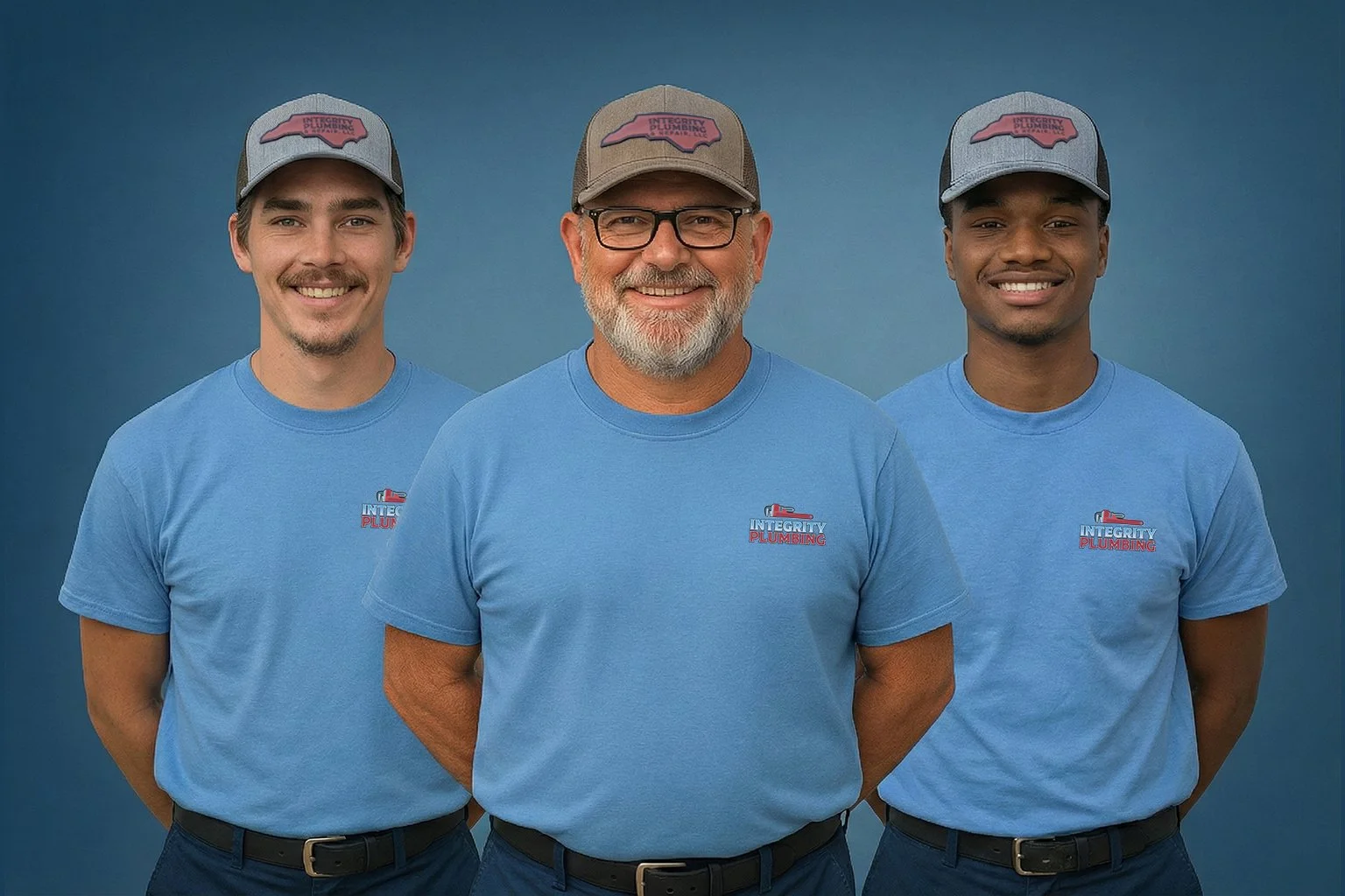 Three men standing side by side against a blue background, wearing blue T-shirts and gray caps with a logo that reads 'Integrity Plumbing'.
