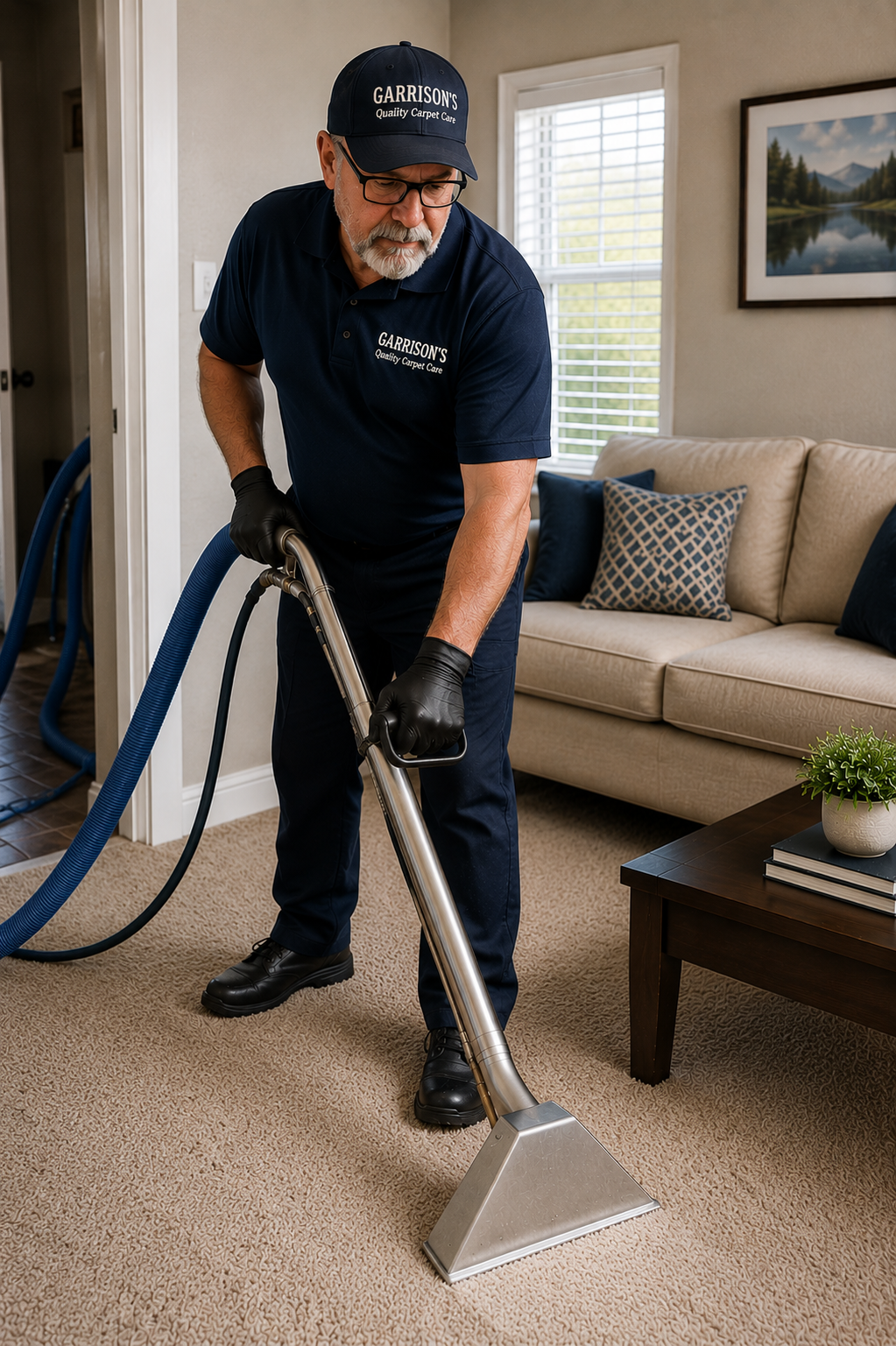 A man in a uniform with Garrison's logo cleaning a carpet with a commercial carpet cleaning machine in a living room.