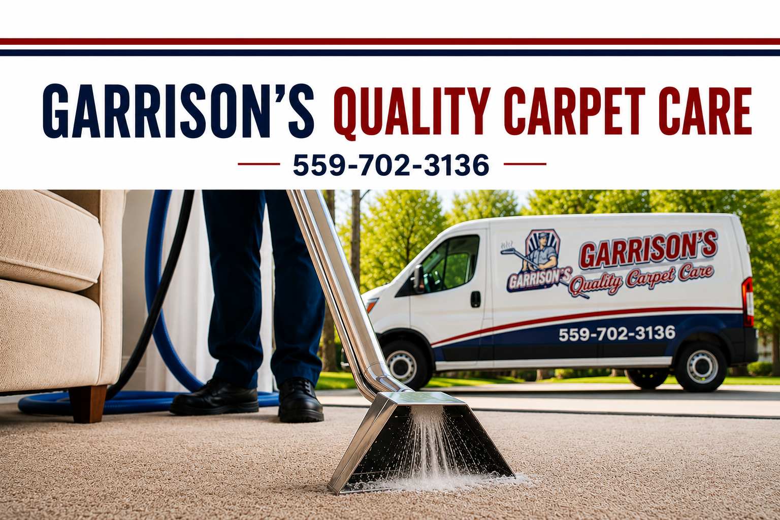 A carpet cleaning technician using a professional cleaning machine on a beige carpet with a Garrison's Quality Carpet Care van visible in the background