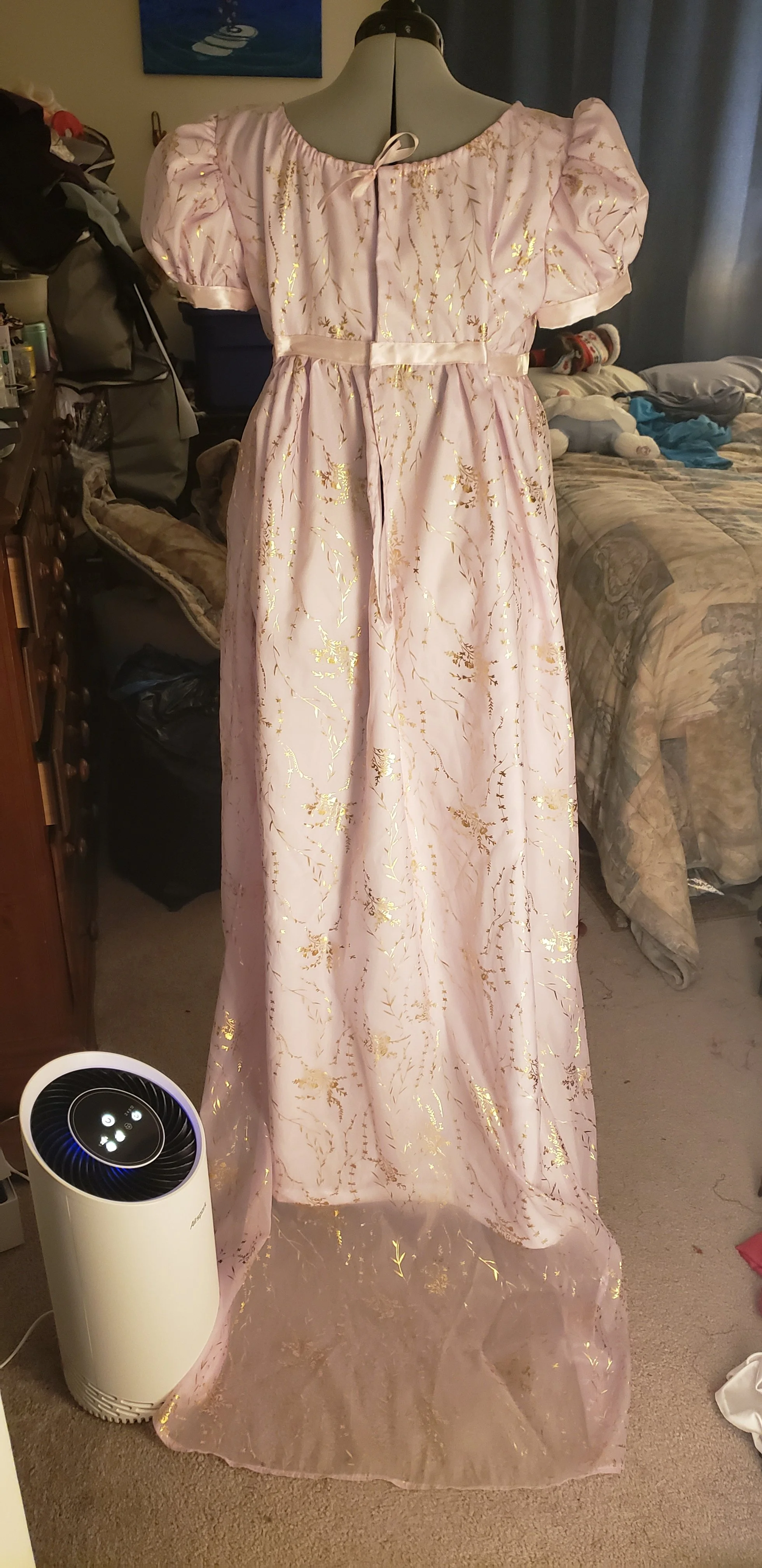 Back of the pink and gold regency dress