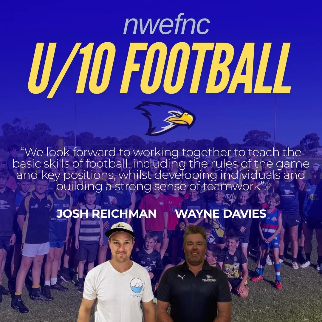 Group of young football players with two adult coaches standing in front of a blue background with yellow text about under-10 football. The coaching staff includes Josh Reichman and Wayne Davies.