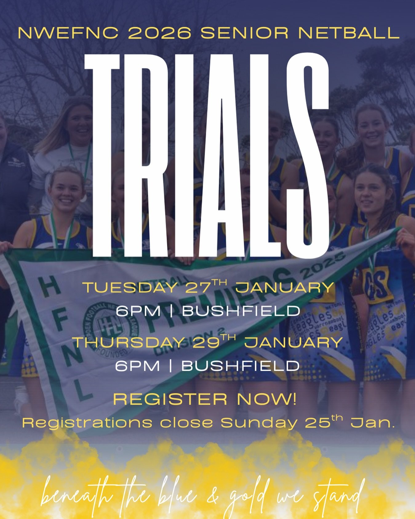 NWEFNC 2026 Senior Netball Trials 🦅

We&rsquo;re excited to welcome all new and returning players to the 2026 NWE Senior Netball Trials, being held on Tuesday 27 January and Thursday 29 January.

Registration is required via the link below and close
