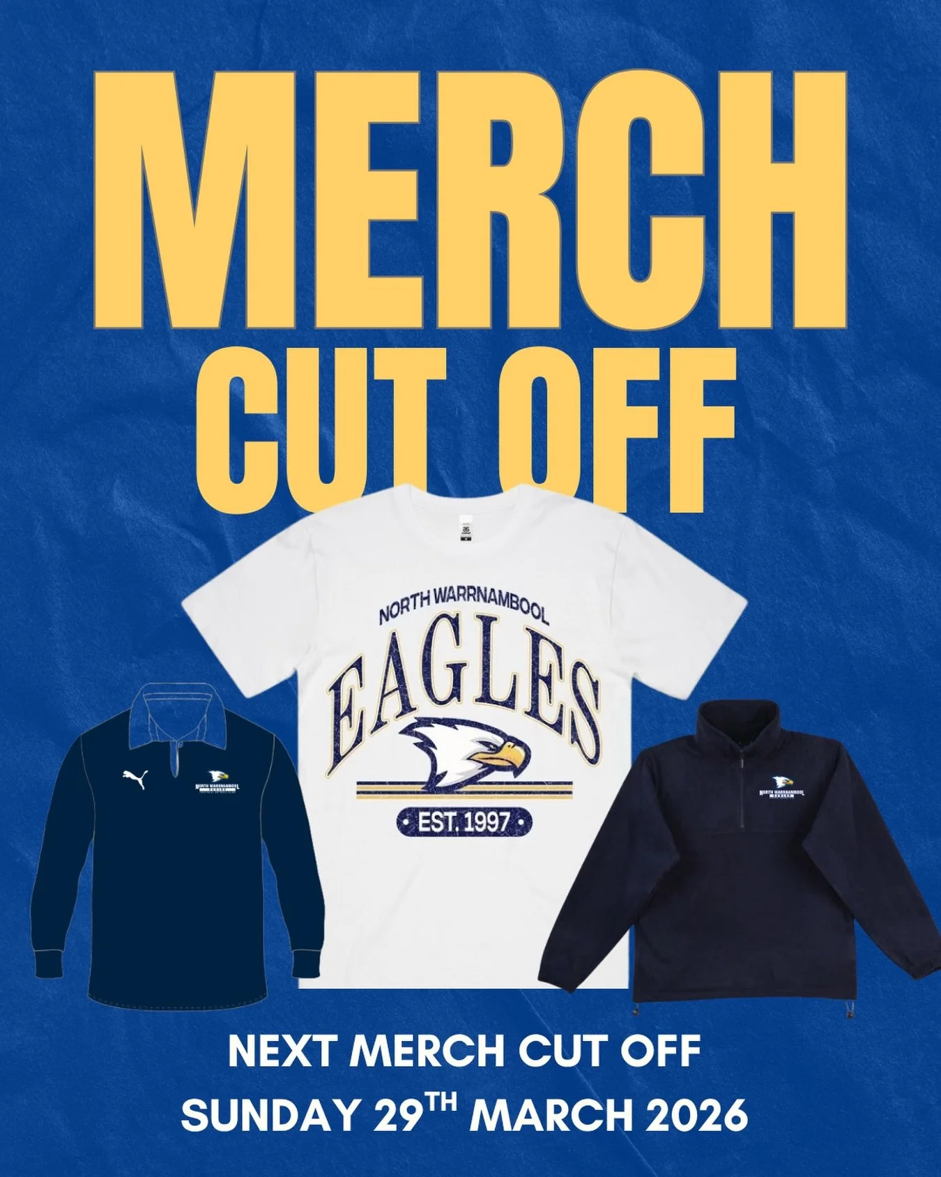 Next merchandise cut off is next Sunday 29th March! 

Order your season merch here: https://northwarrnambooleagles.sportsclique.com.au