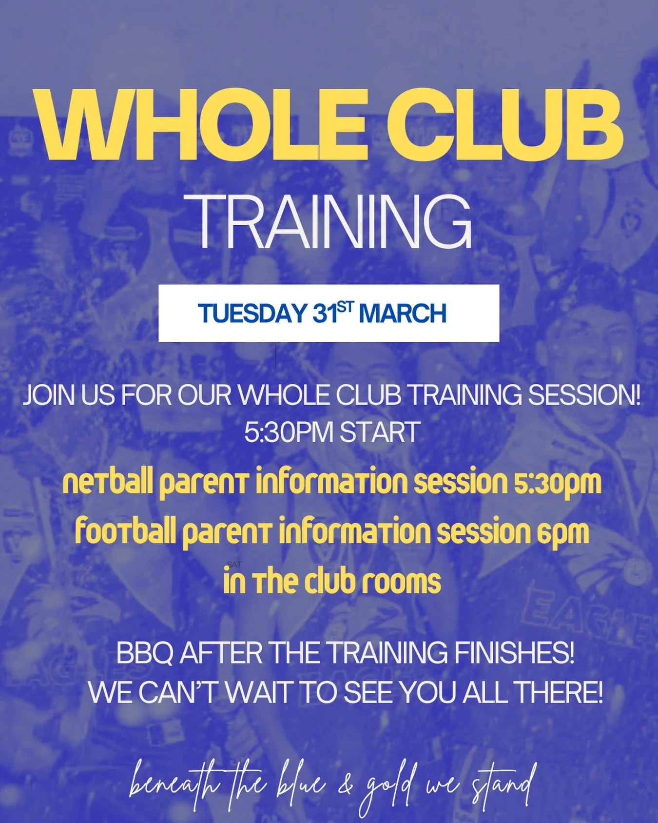Calling all players, families &amp; supporters! Join us for a full club training session bringing everyone together &mdash; from our juniors right through to our senior football &amp; netball teams.

It&rsquo;s a great chance to build connections, sh