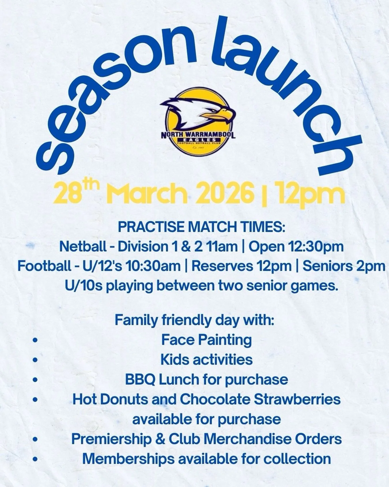 Updated season launch details for this Saturday! We cannot wait to celebrate the upcoming season with you all. Plenty of fun activities for the kids 🦅