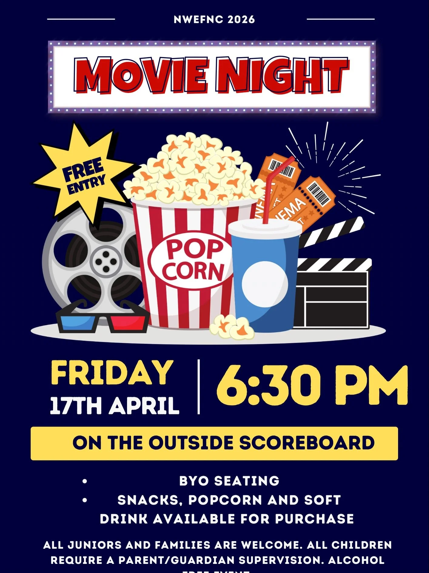 JUNIOR MOVIE NIGHT 🎥🍿🎬

Friday 17th April | On the oval in front of the BIG SCOREBOARD! 

All families and juniors welcome. * ALL children must be accompanied by a parent or guardian. Popcorn, snacks and soft drink all available to purchase! 
BYO 