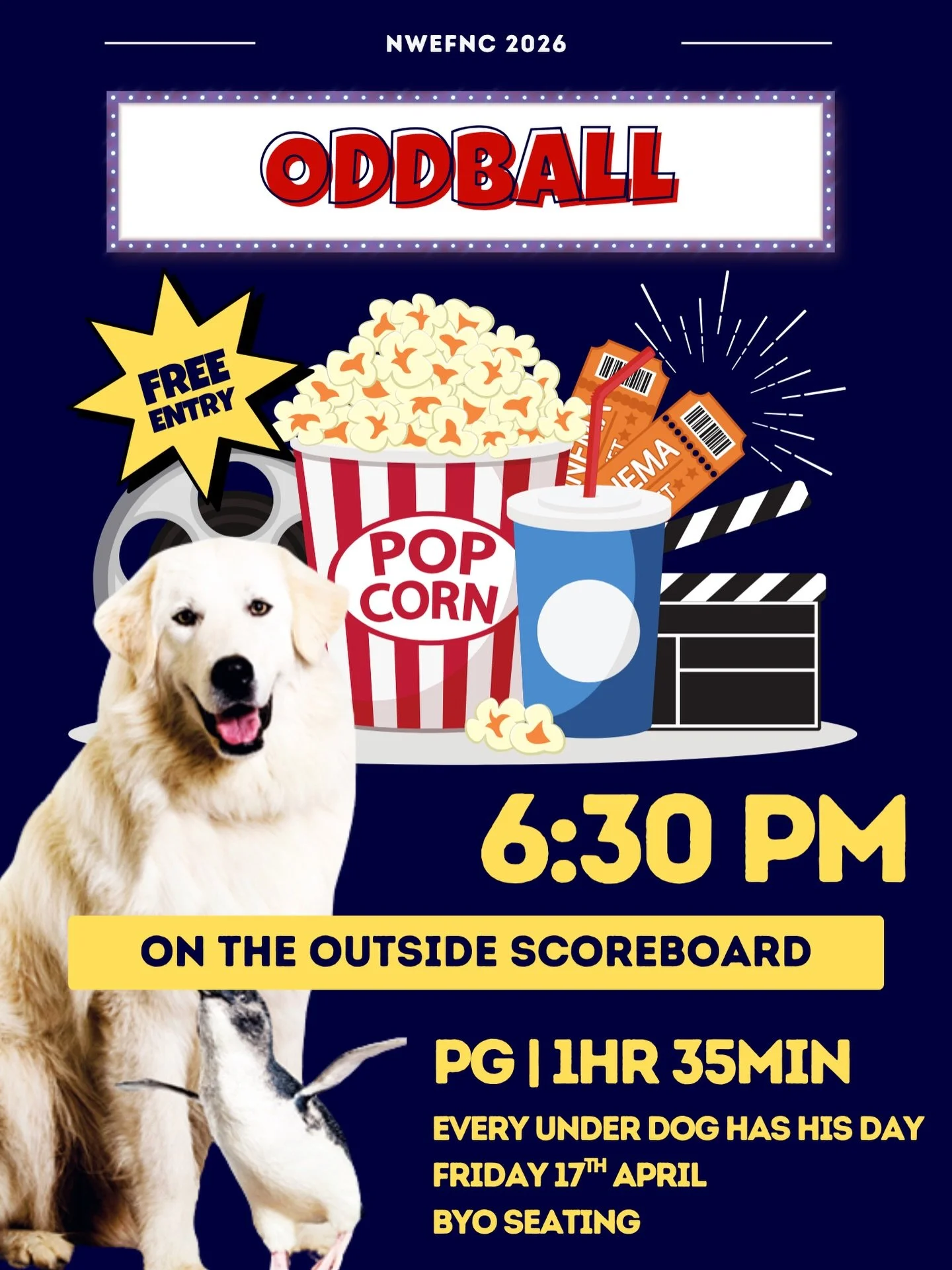 Moving showing this Friday night&hellip;&hellip;. ODD BALL 🎥🍿

6:30pm start | BYO seating | Popcorn, snacks and soft drink available for purchase.

All juniors and families welcome! All children require a parent / guardian supervision. Alcohol free