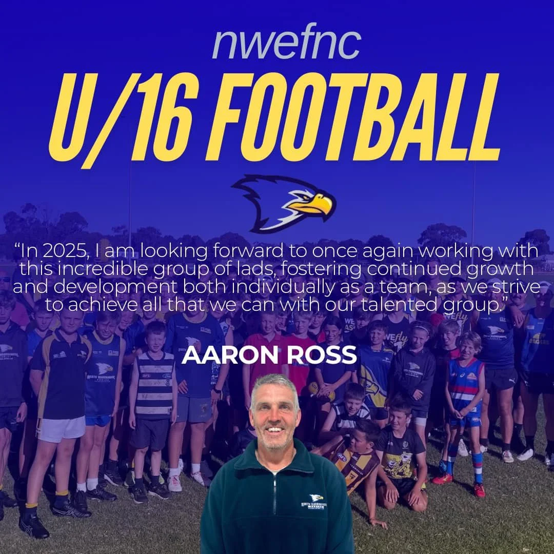 Group of youth football players with coach Aaron Ross in front, at a football field. Text overlay promoting a U/16 football event by nwsfbc and a quote from Aaron Ross about team growth and development, 2023.