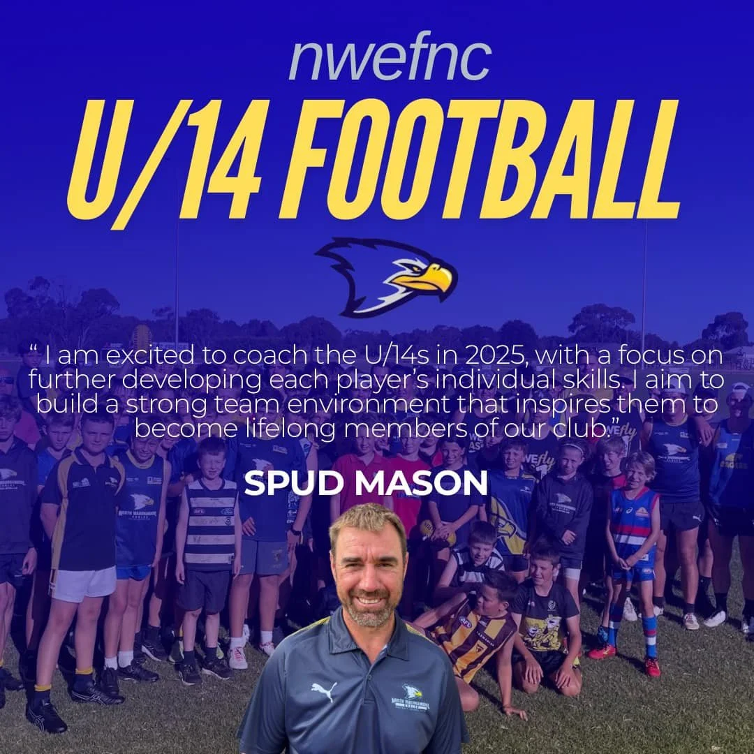 Group of young football players and their coach Spud Mason, with a quote about coaching the U14 football team in 2025, standing on a field with trees in the background.
