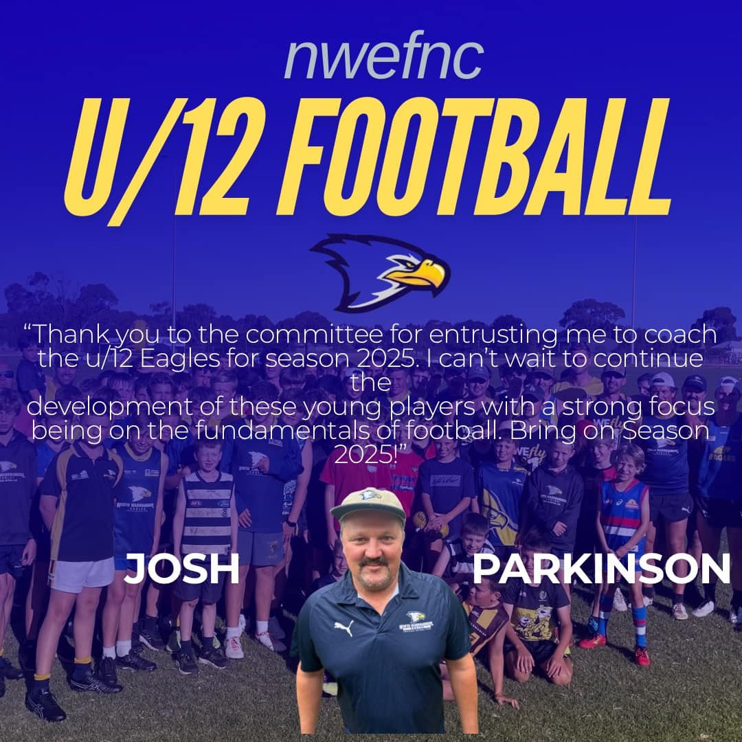 Announcement for U/12 football team, thanking the committee, with a group photo of young players, a coach named Josh Parkinson, and a logo of an eagle, on a blue background.