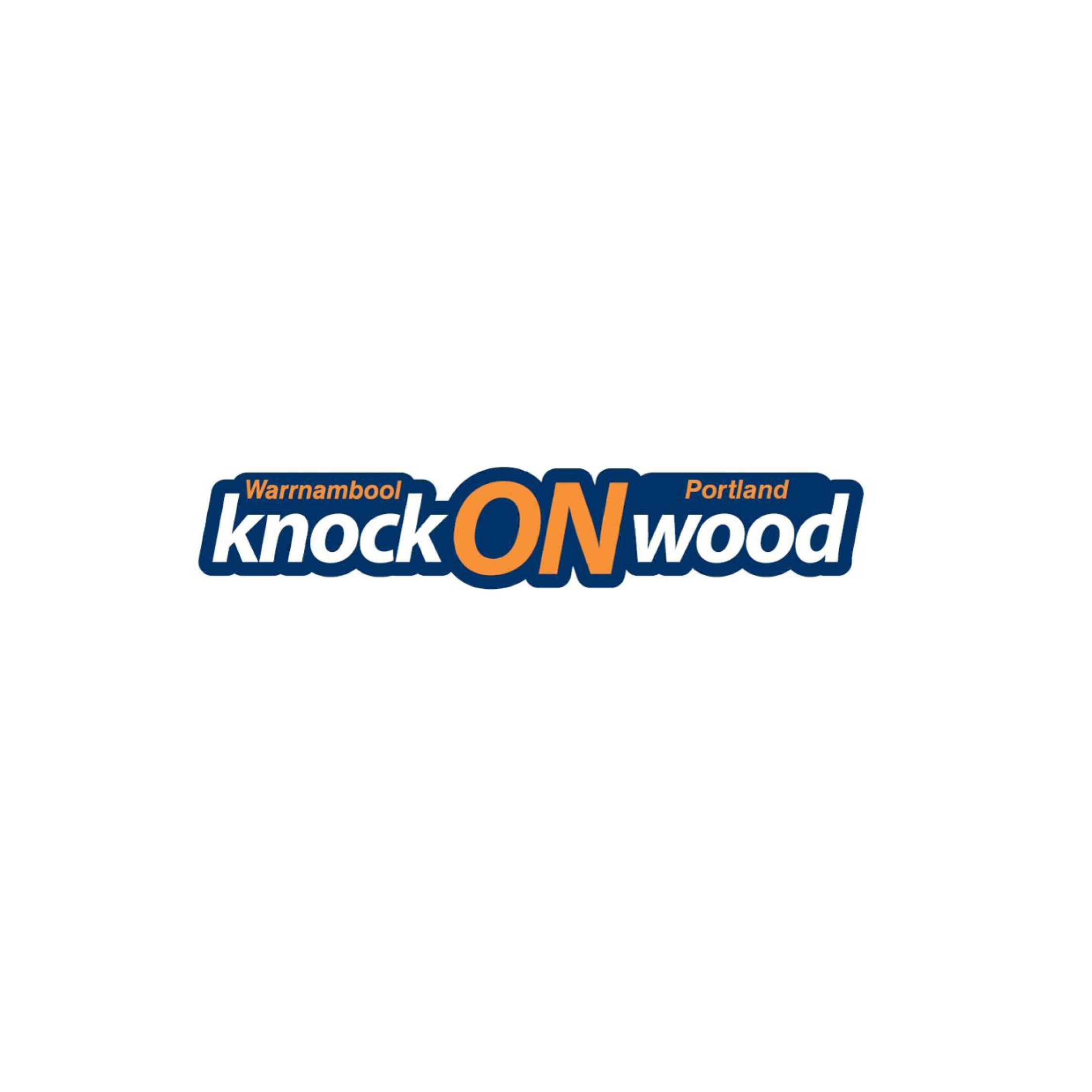 Logo for Warrnambool Knock On Wood in Portland with blue, orange, and white text.