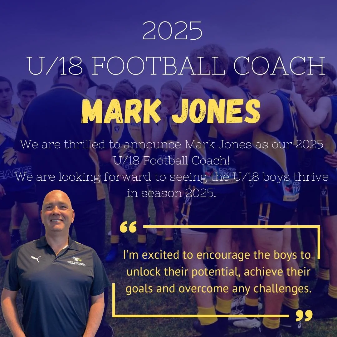 Announcement for Mark Jones as the 2025 U/18 Football Coach with a background of a youth football team gathering, and a picture of Mark Jones smiling in a black polo shirt.