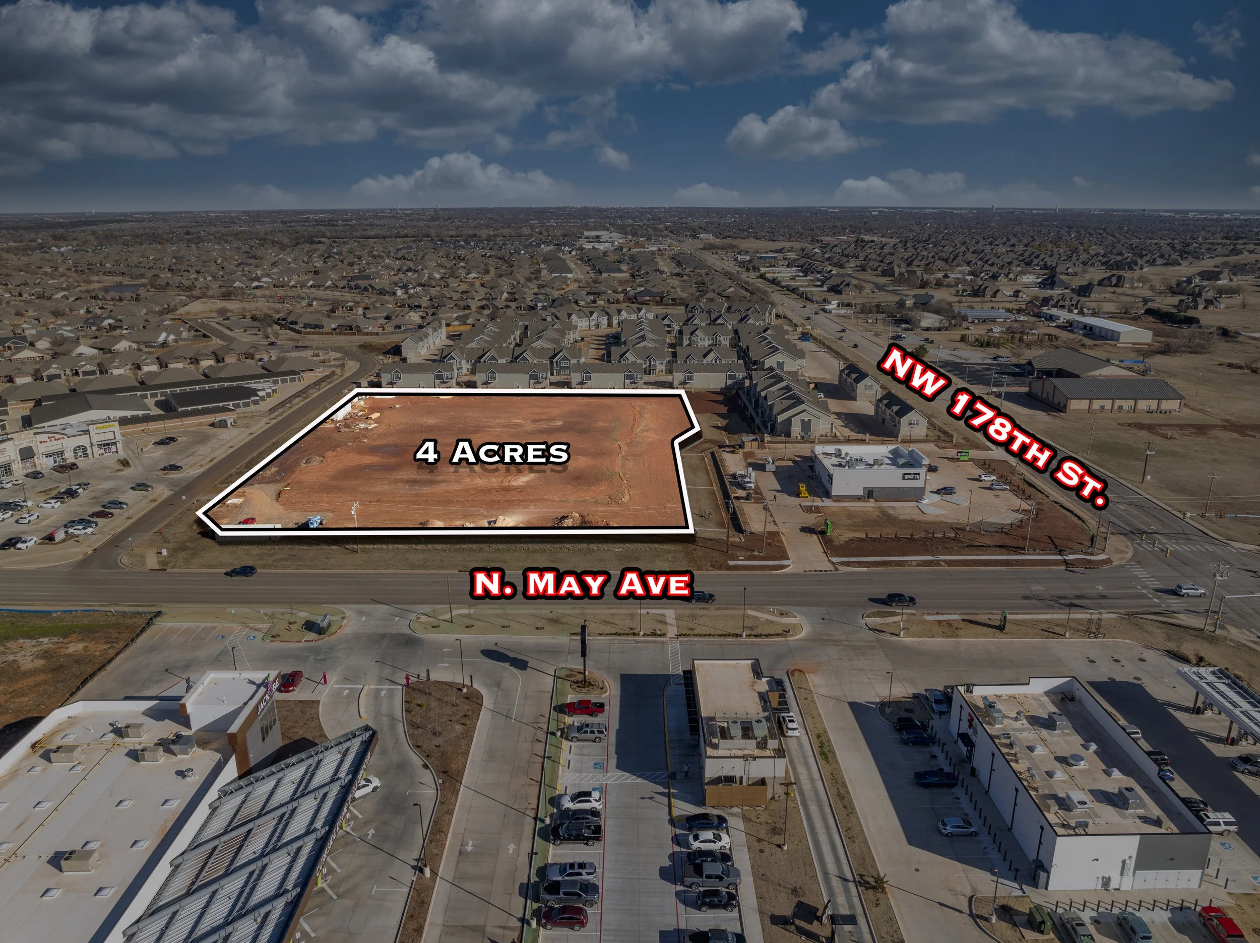 Drone capture of and Edmond property showing boundary lines and street names