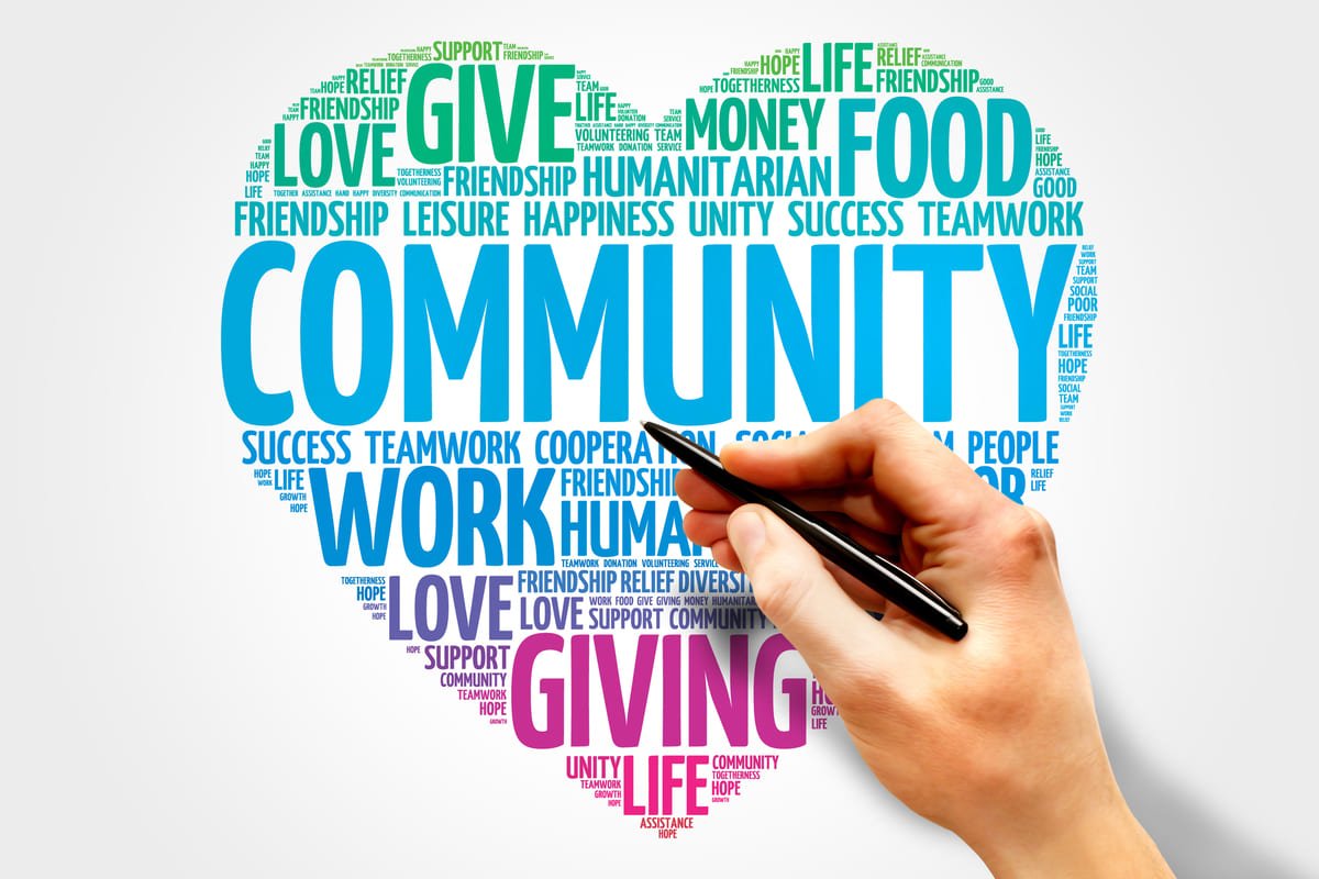 Word cloud in the shape of a heart featuring themes like community, giving, and support—representing community nursing services in Australia.