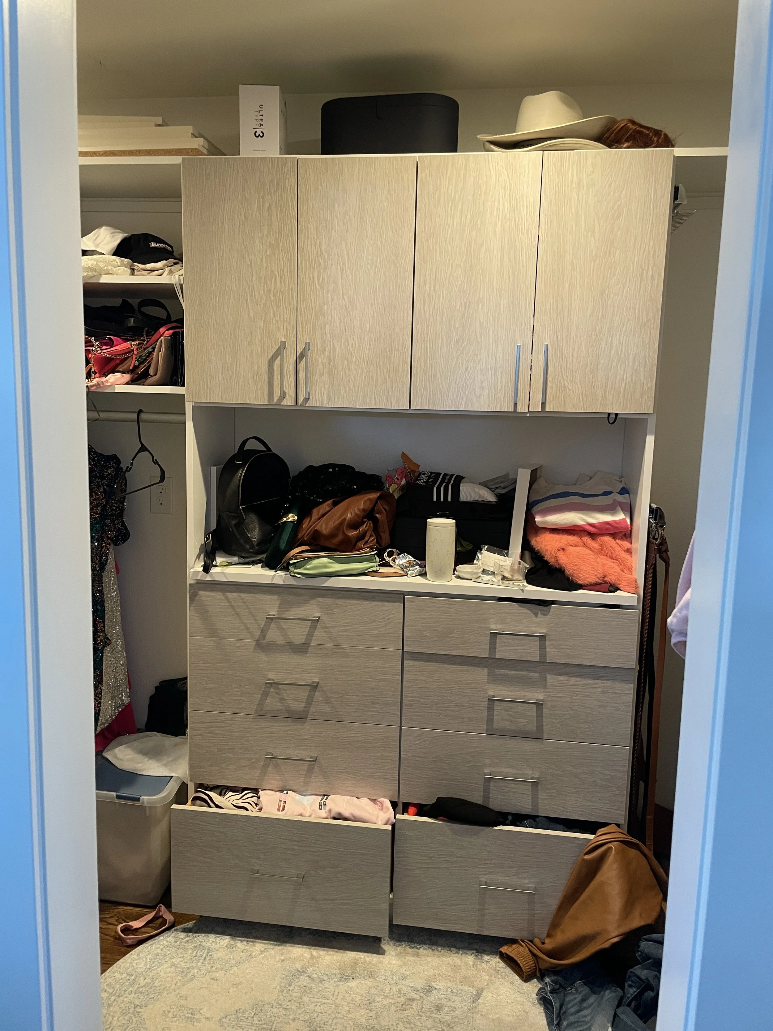 Before image of a dresser with overstuffed drawers and a desk surface that is piled with unused belongings.