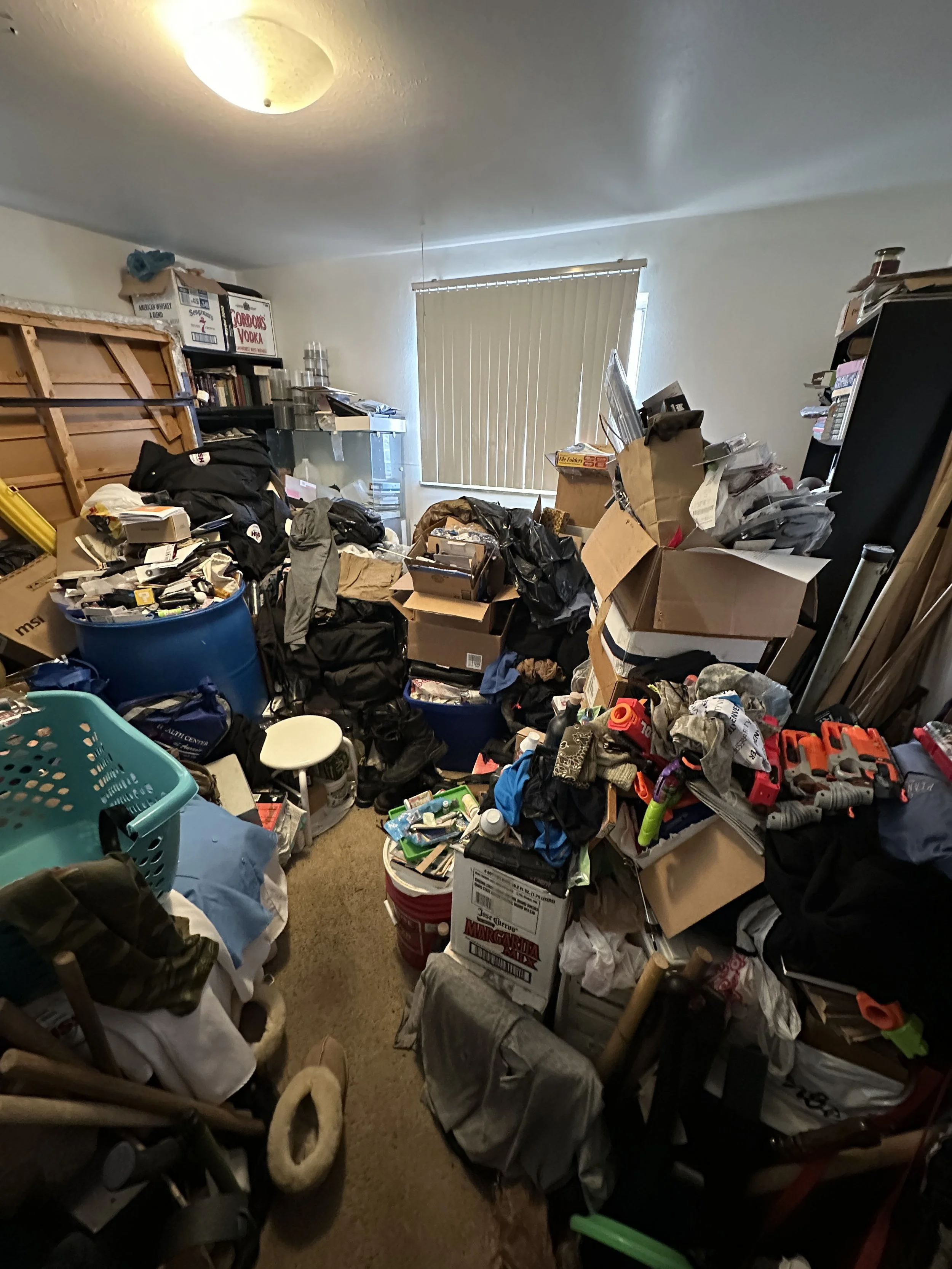 Before image of a cluttered spare bedroom with a mattress pushed against the wall, and a small path into the room. The rest of the room is piles 2-3 feet high of clothing, nerf guns, documents, trash, and miscellaneous possessions.