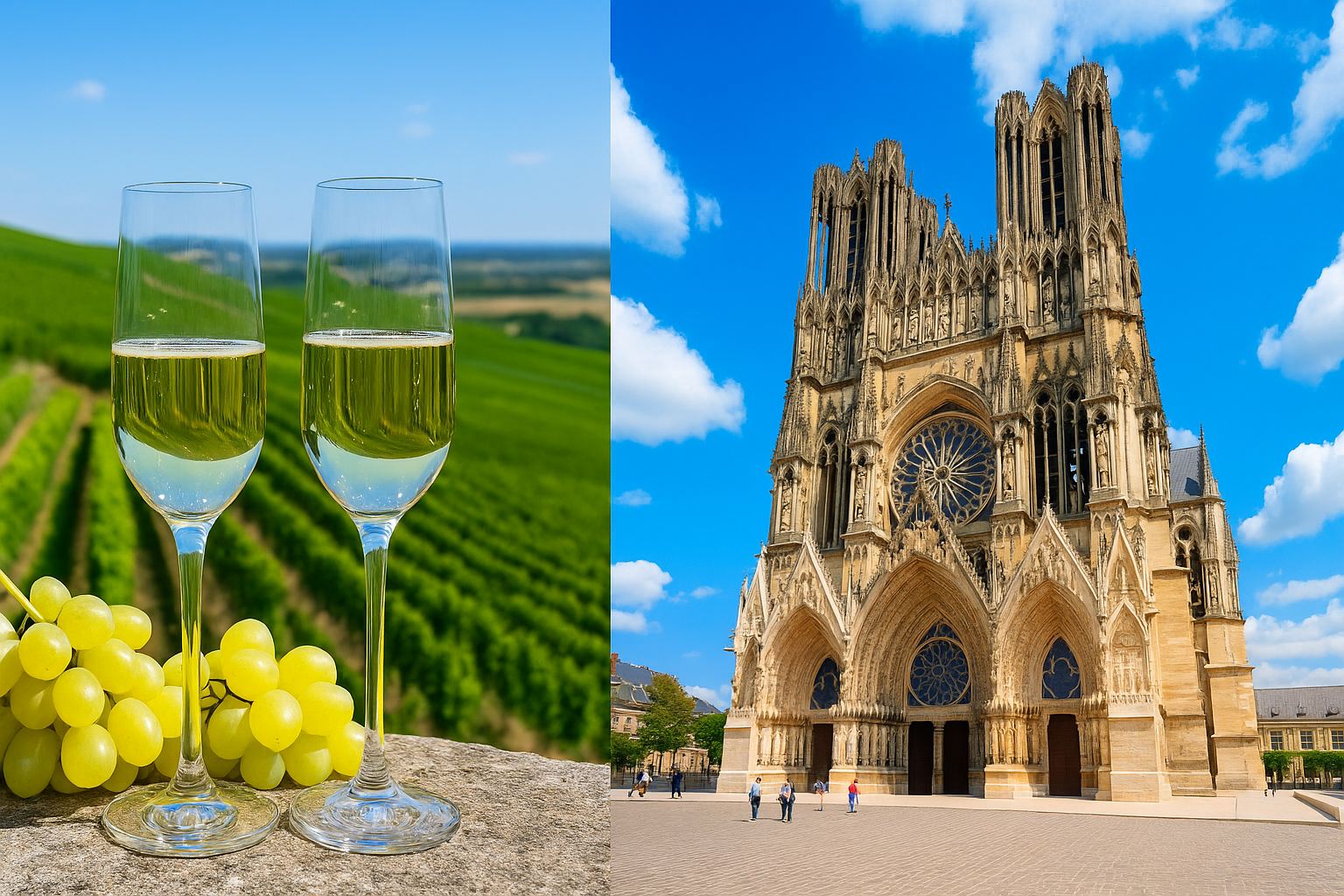 A split view image with two sections. The left side shows two glasses of white wine on a vineyard background with green fields and a blue sky. The right side depicts a historic Gothic cathedral with towering spires and a large rose window, with a few people walking in front.