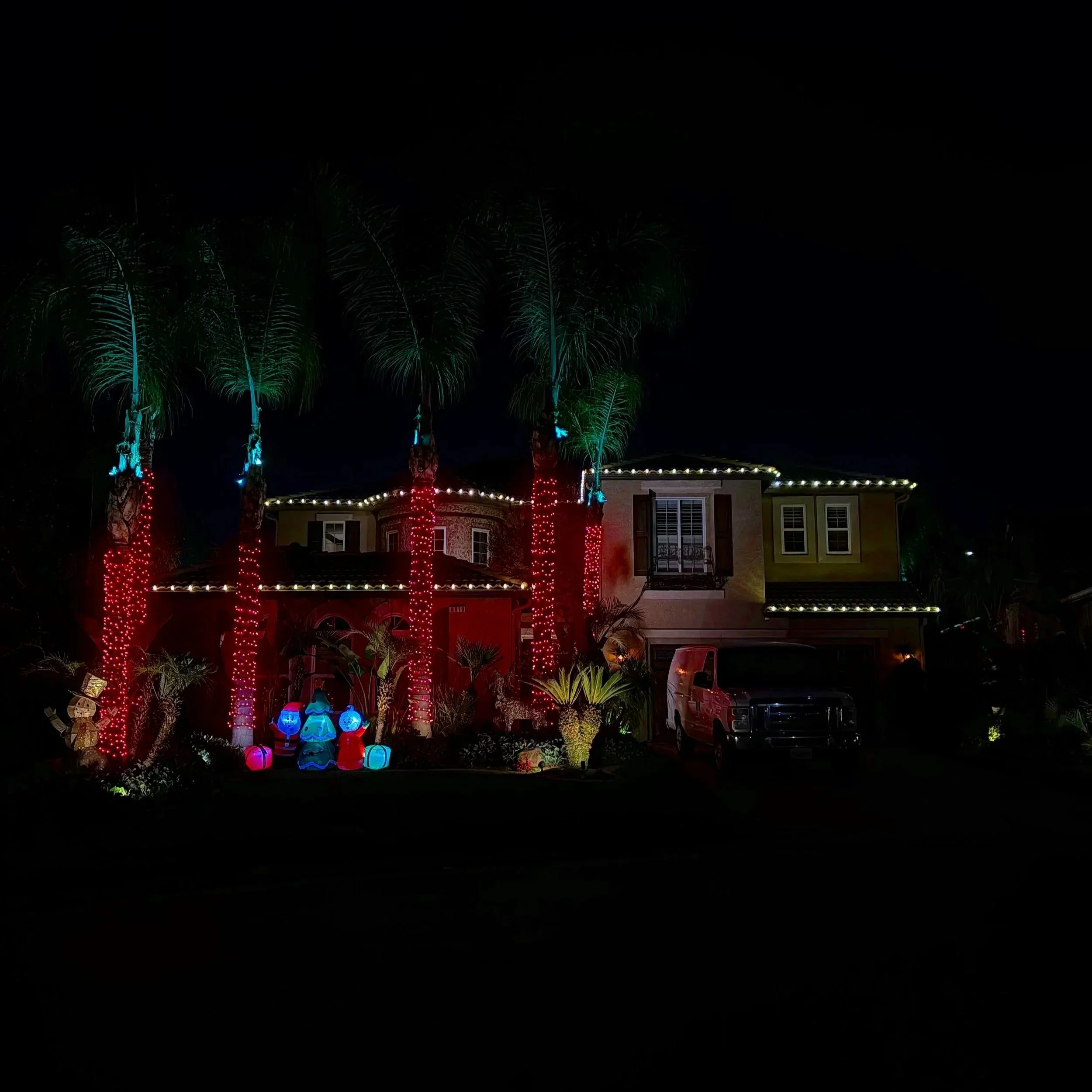 Professional Christmas light installation in Fresno. Custom lit up palm trees with red mini lights and green lights flashing the palm.